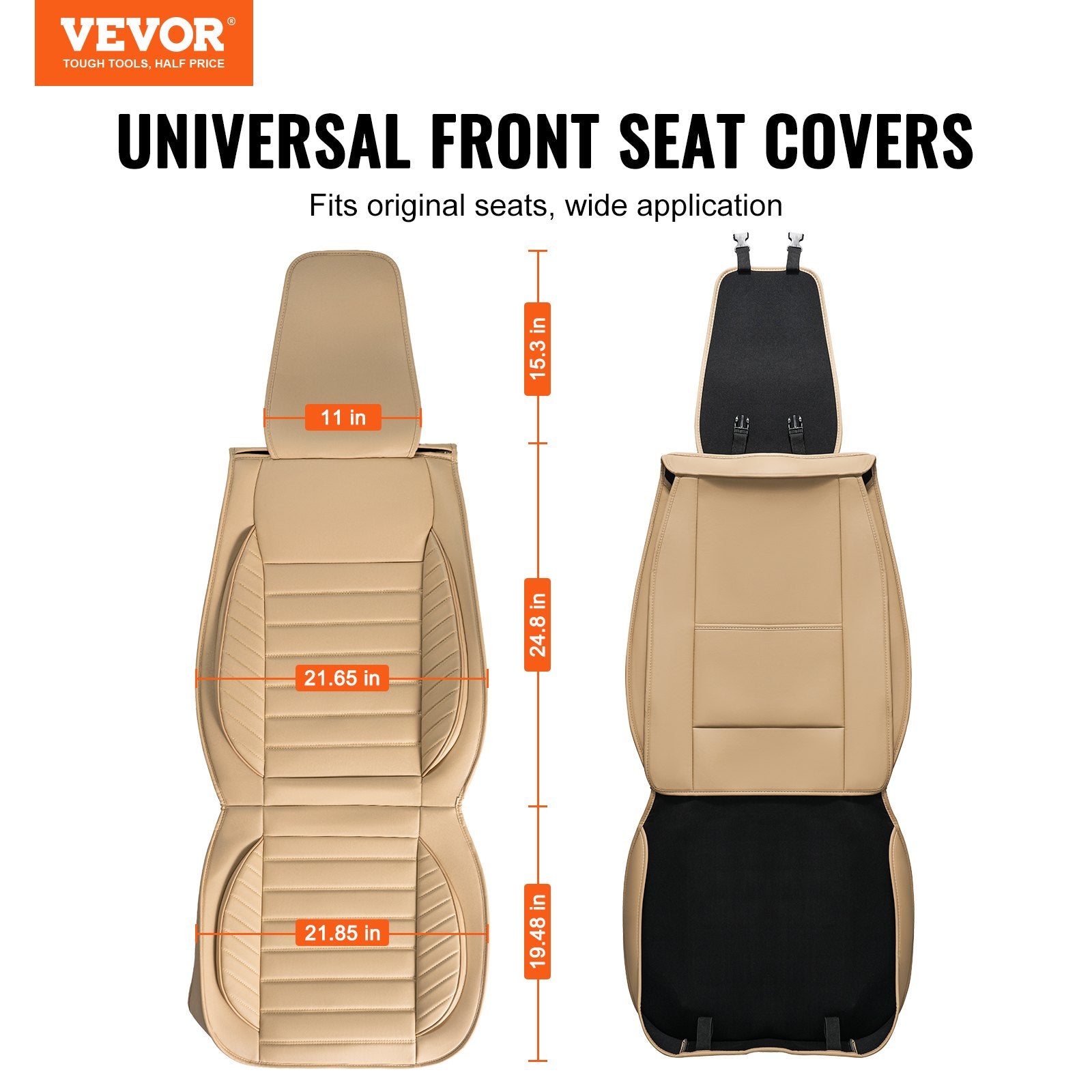 Seat Covers, Universal Car Seat Covers Front Seats, 2pcs Faux Leather Seat Cover, Semi-enclosed Design, Detachable Headrest and Airbag Compatible, for Most Cars SUVs and Trucks Beige