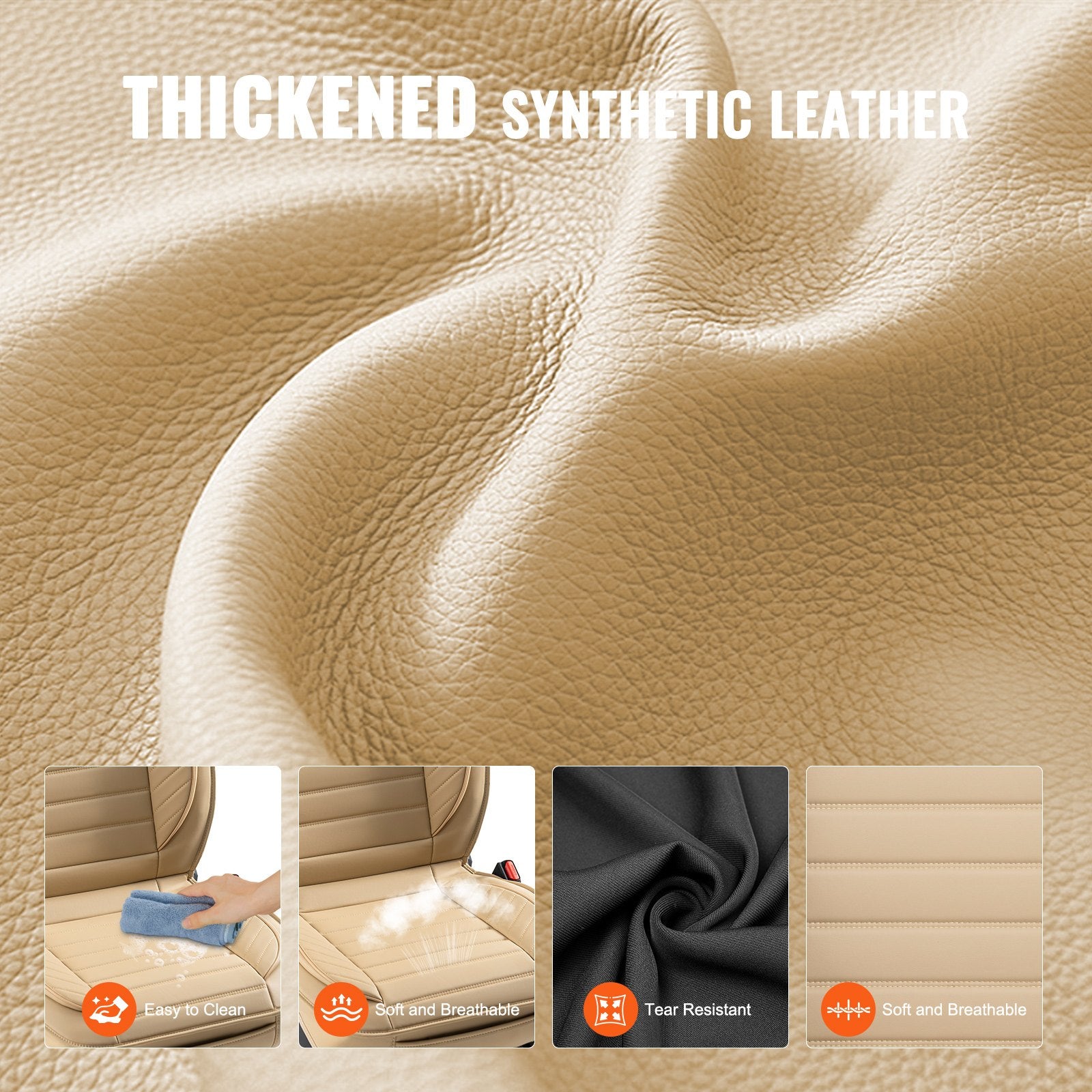 Seat Covers, Universal Car Seat Covers Front Seats, 2pcs Faux Leather Seat Cover, Semi-enclosed Design, Detachable Headrest and Airbag Compatible, for Most Cars SUVs and Trucks Beige