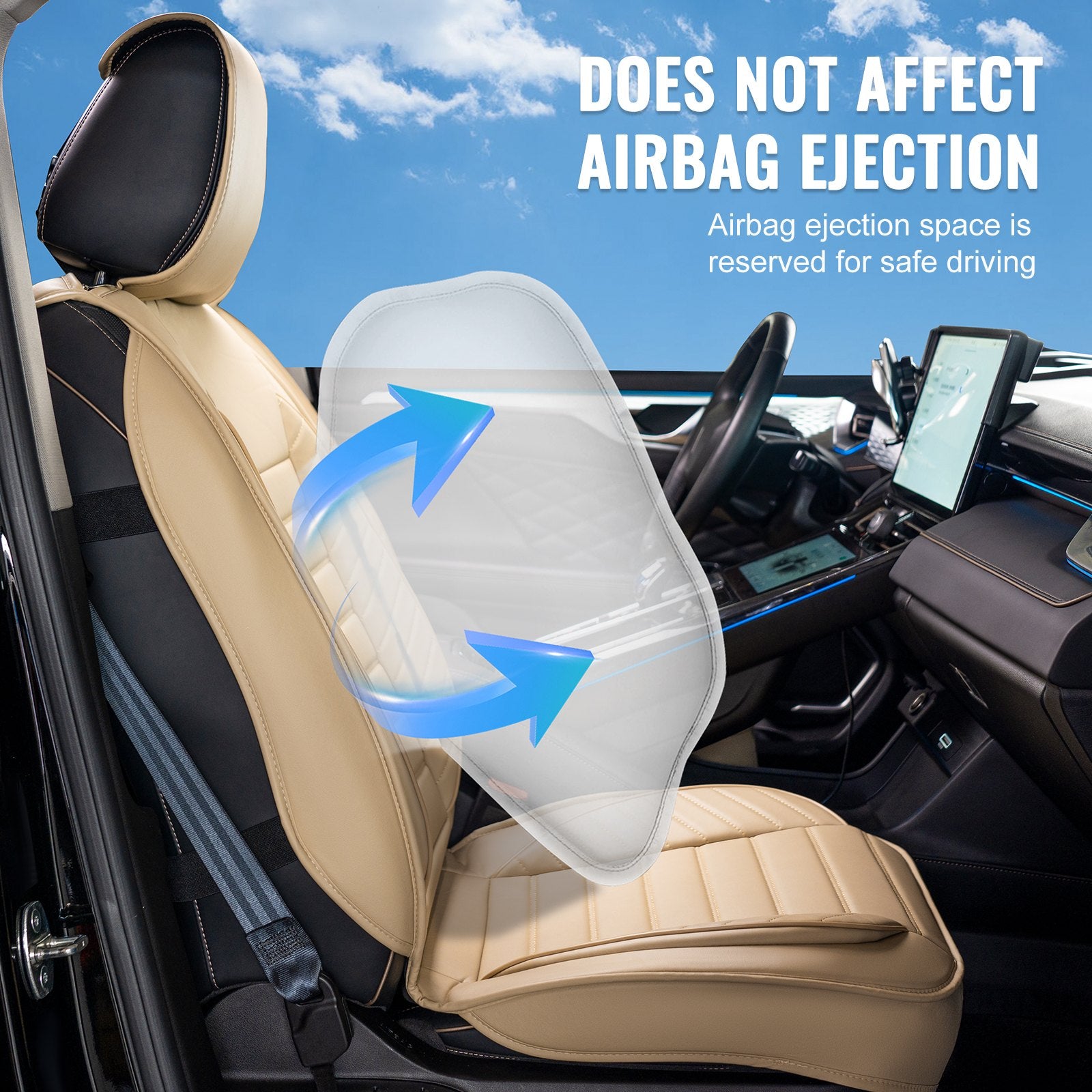 Seat Covers, Universal Car Seat Covers Front Seats, 2pcs Faux Leather Seat Cover, Semi-enclosed Design, Detachable Headrest and Airbag Compatible, for Most Cars SUVs and Trucks Beige