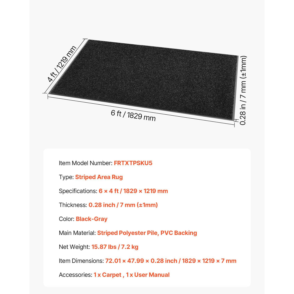 Front Door Mat, 1829 x 1219 mm Commercial Floor Mat for Indoor and Outdoor, Stylish Striped Industrial Carpet with PVC Backing, Heavy Duty Washable Entry Rug for Hallway, Balcony, Garage, Grey