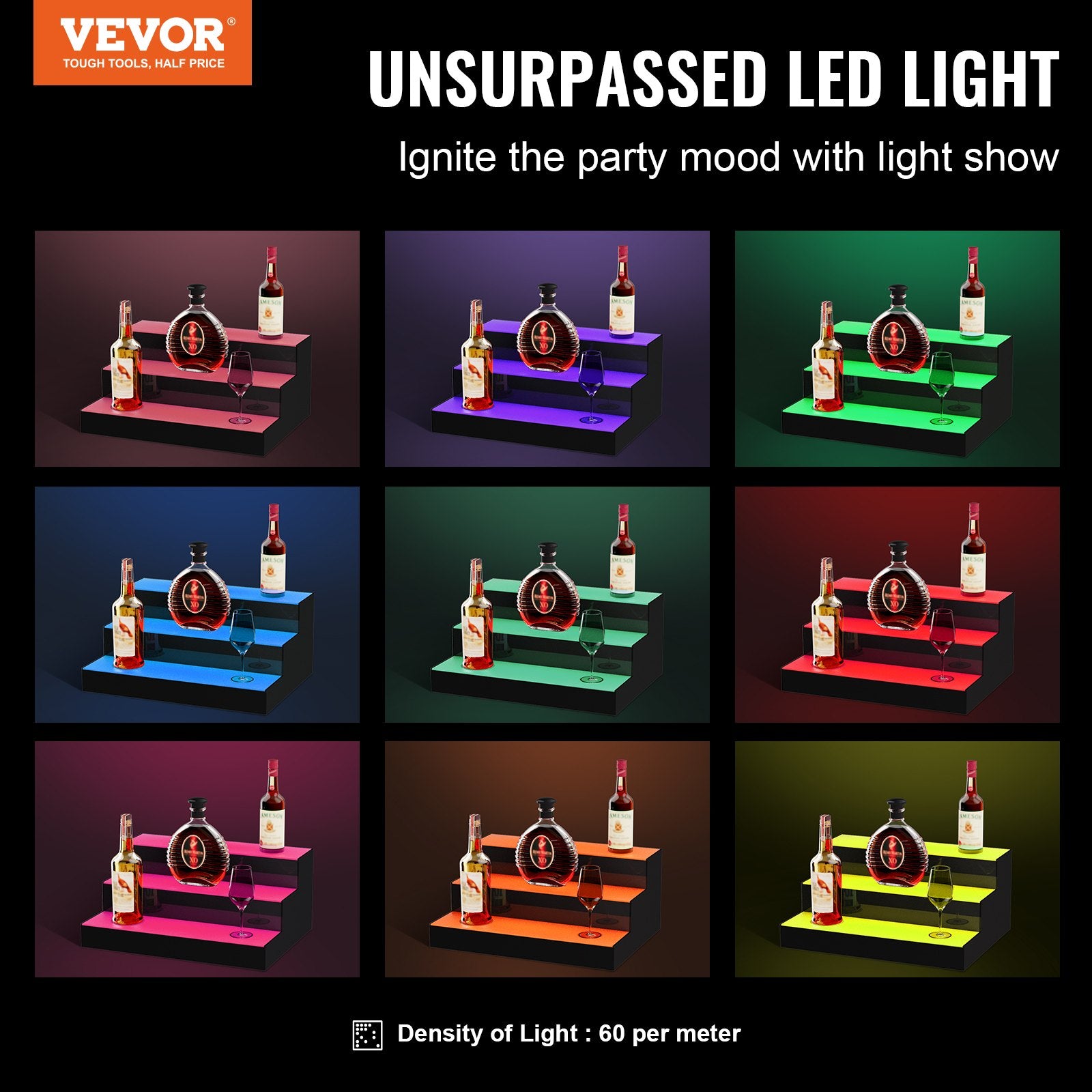 Audio Players & Recorders: VEVOR LED Lighted Liquor Bottle Display Bar Shelf RF & App Control 406mm 3-Step