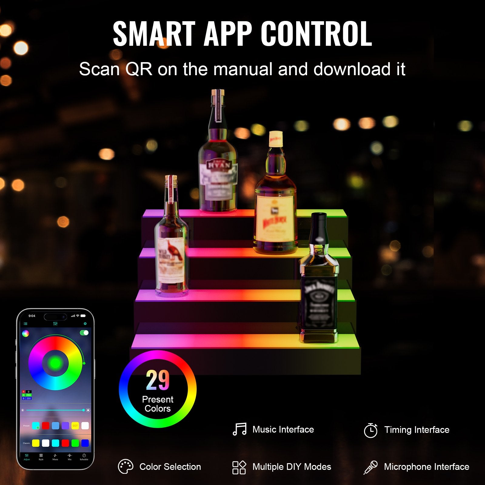 Audio Players & Recorders: VEVOR LED Lighted Liquor Bottle Display Bar Shelf RF & App Control 406mm 3-Step