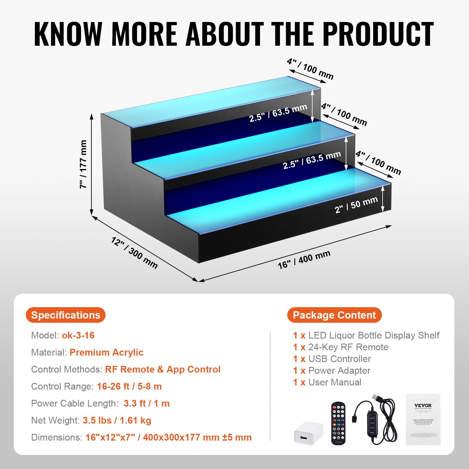 Audio Players & Recorders: VEVOR LED Lighted Liquor Bottle Display Bar Shelf RF & App Control 406mm 3-Step