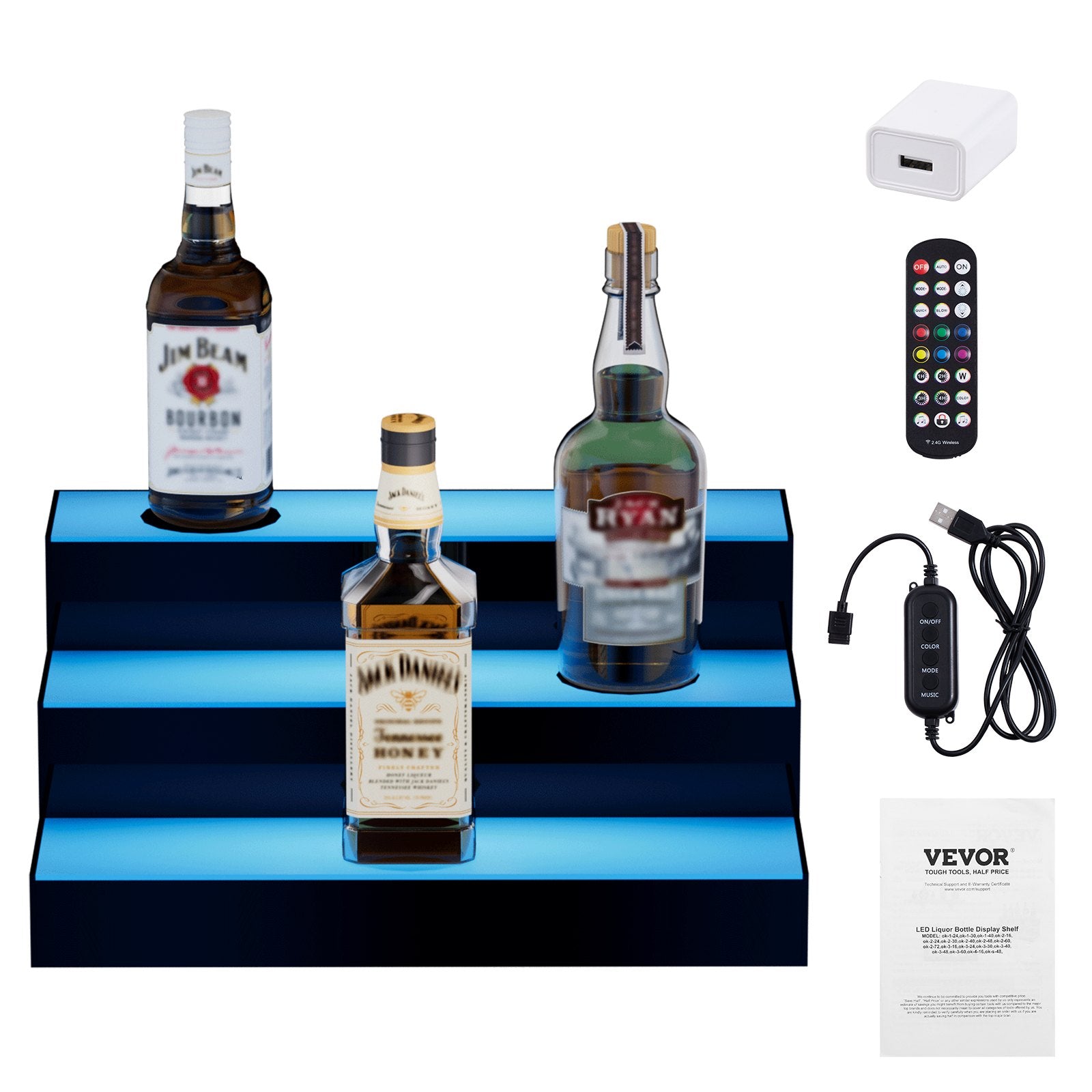 Audio Players & Recorders: VEVOR LED Lighted Liquor Bottle Display Bar Shelf RF & App Control 406mm 3-Step