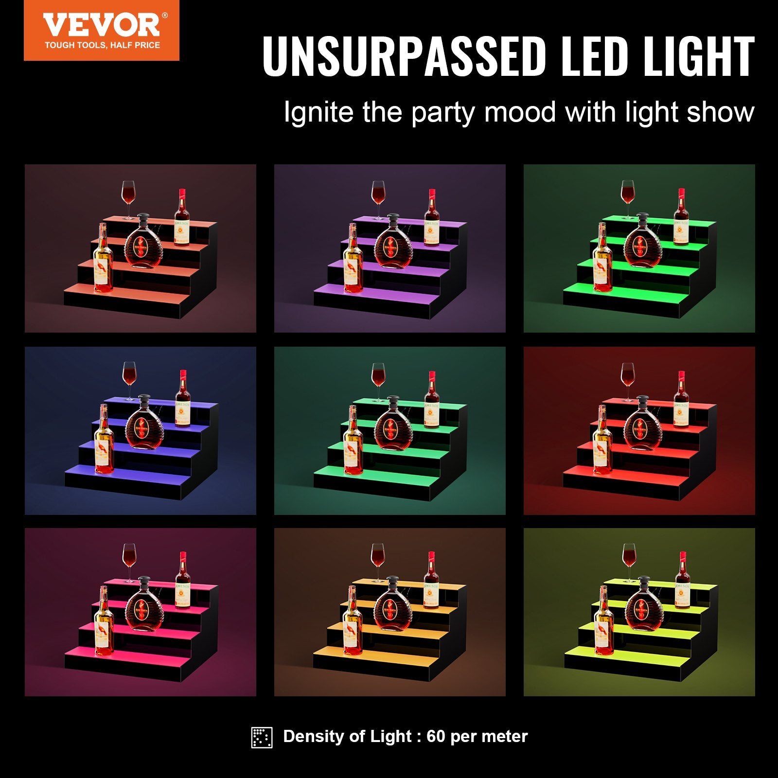 Audio Players & Recorders: VEVOR LED Lighted Liquor Bottle Display Bar Shelf RF & App Control 406 mm 4-Step