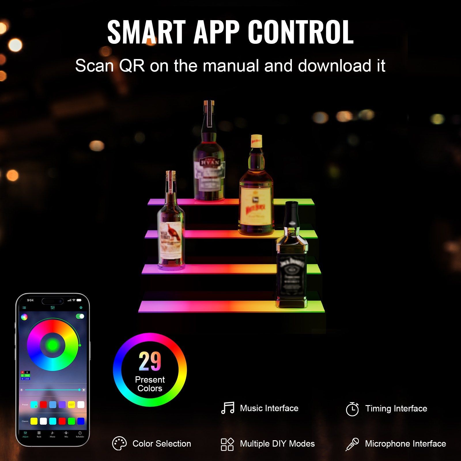 Audio Players & Recorders: VEVOR LED Lighted Liquor Bottle Display Bar Shelf RF & App Control 406 mm 4-Step
