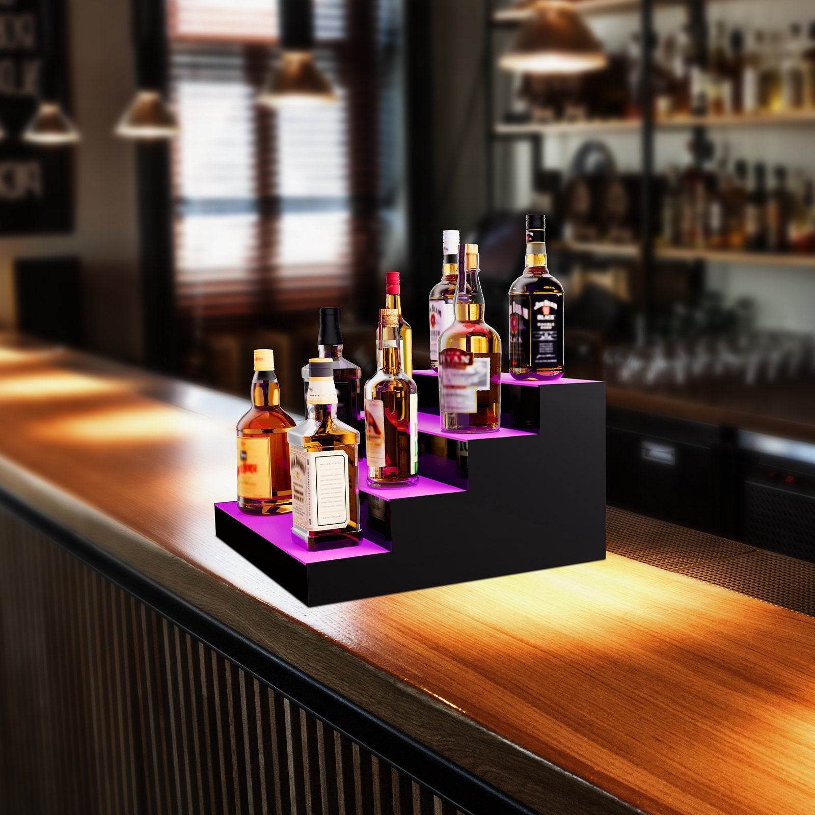 Audio Players & Recorders: VEVOR LED Lighted Liquor Bottle Display Bar Shelf RF & App Control 406 mm 4-Step