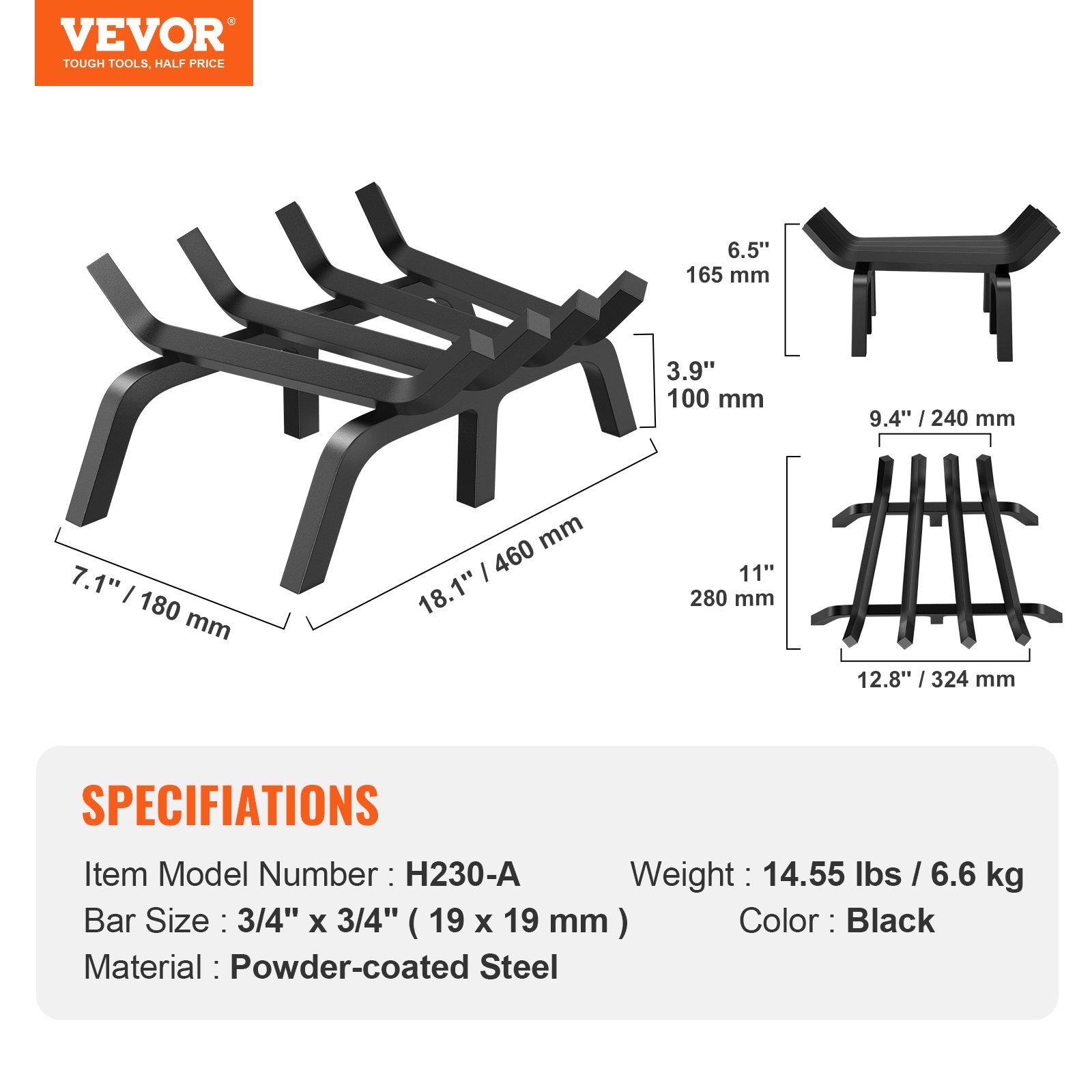 Fire Pits: VEVOR Fireplace Log Grate, 18 inch Heavy Duty Fireplace Grate with 6 Support Legs, Solid Powder-coated Steel Bars, Log Firewood Burning Rack Holder for Indoor and Outdoor Fireplace
