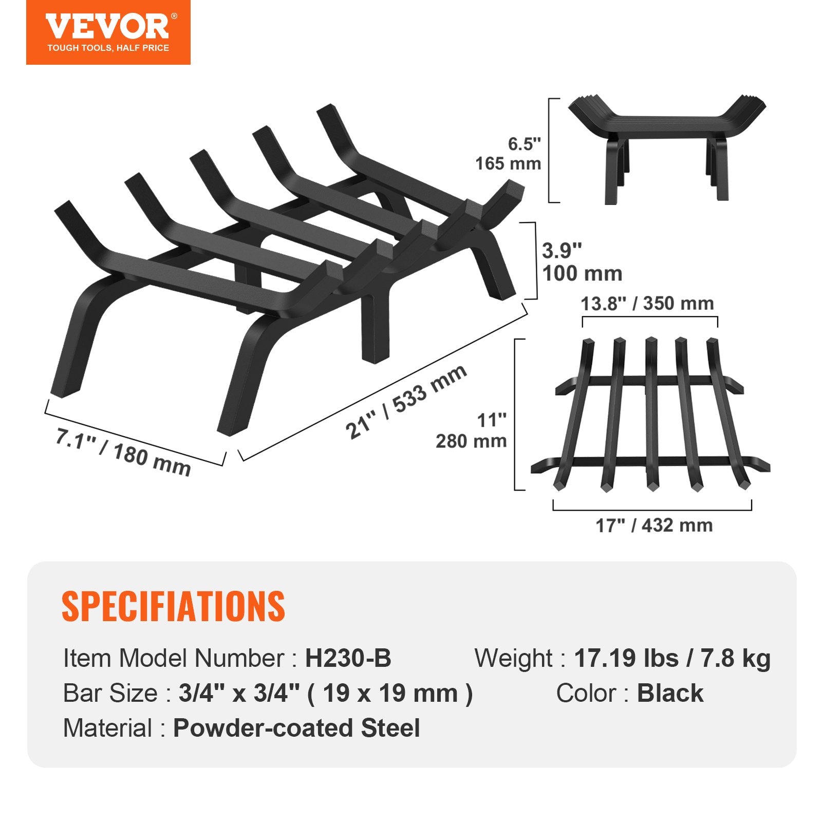 Fire Pits: VEVOR Fireplace Log Grate, 533.4mm Heavy Duty Fireplace Grate with 6 Support Legs, 19.05mm Solid Powder-coated Steel Bars, Log Firewood Burning Rack Holder for Indoor and Outdoor Fireplace