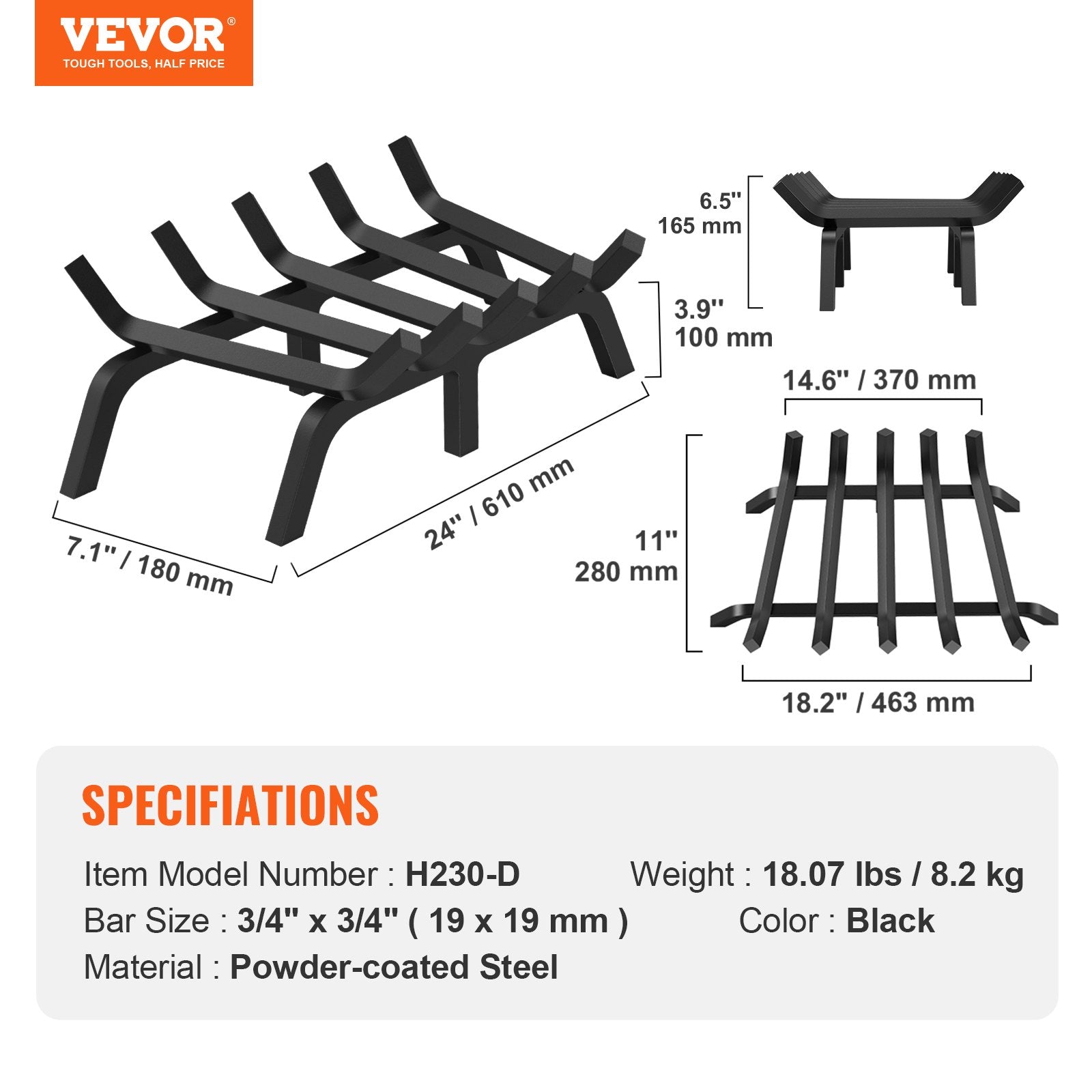 Fire Pits: VEVOR Fireplace Log Grate, 609.6mm Heavy Duty Fireplace Grate with 6 Support Legs, 19.05mm Solid Powder-coated Steel Bars, Log Firewood Burning Rack Holder for Indoor and Outdoor Fireplace