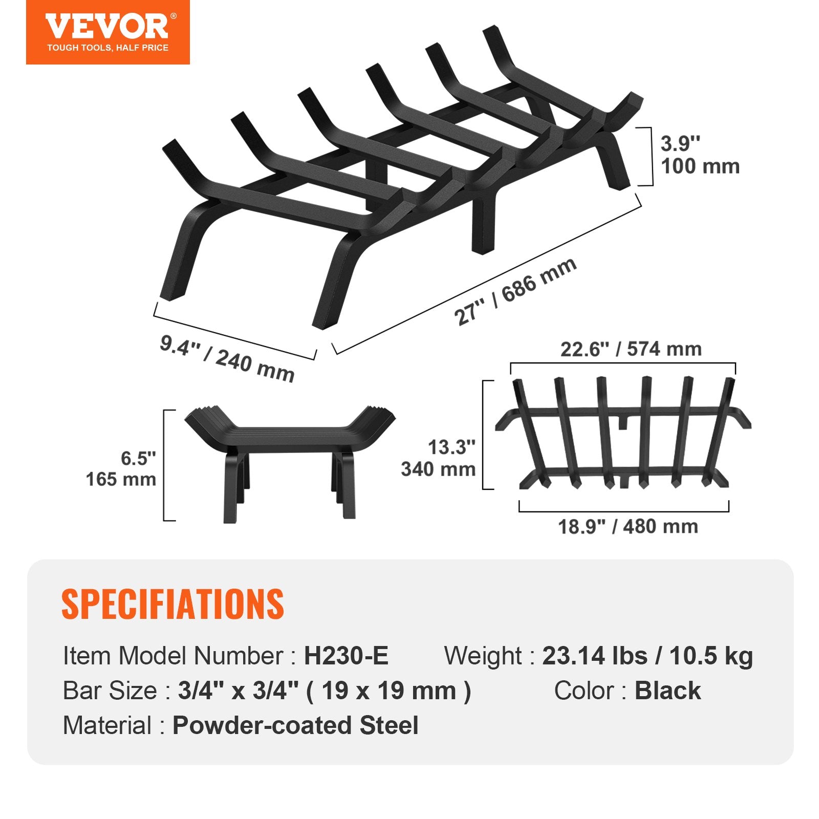 Fire Pits: VEVOR Fireplace Log Grate, 685.8mm Heavy Duty Fireplace Grate with 6 Support Legs, 19.05mm Solid Powder-coated Steel Bars, Log Firewood Burning Rack Holder for Indoor and Outdoor Fireplace