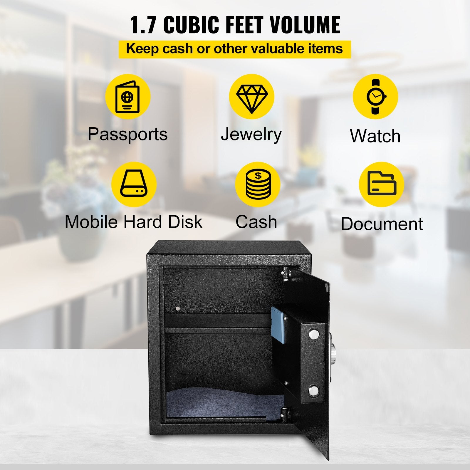 Safe Box, 1.7 CU.FT Fingerprint Safe Box for Money with 2 Keys & Digital Keypad, Q235 Steel Safe Box for Storing Cash, Jewelry, Pistols, Documents, Watches in Home & Office & Hotel