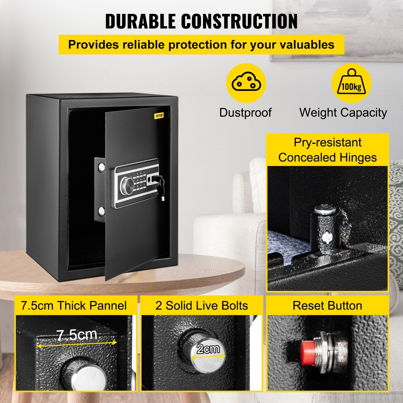 Safe Box, 2.1 CU.FT Fingerprint Safe Box for Money w/ 2 Keys & Digital Keypad, Q235 Steel Safe Box for Storing Cash, Jewelry, Pistols, Documents, Watches in Home & Office & Hotel