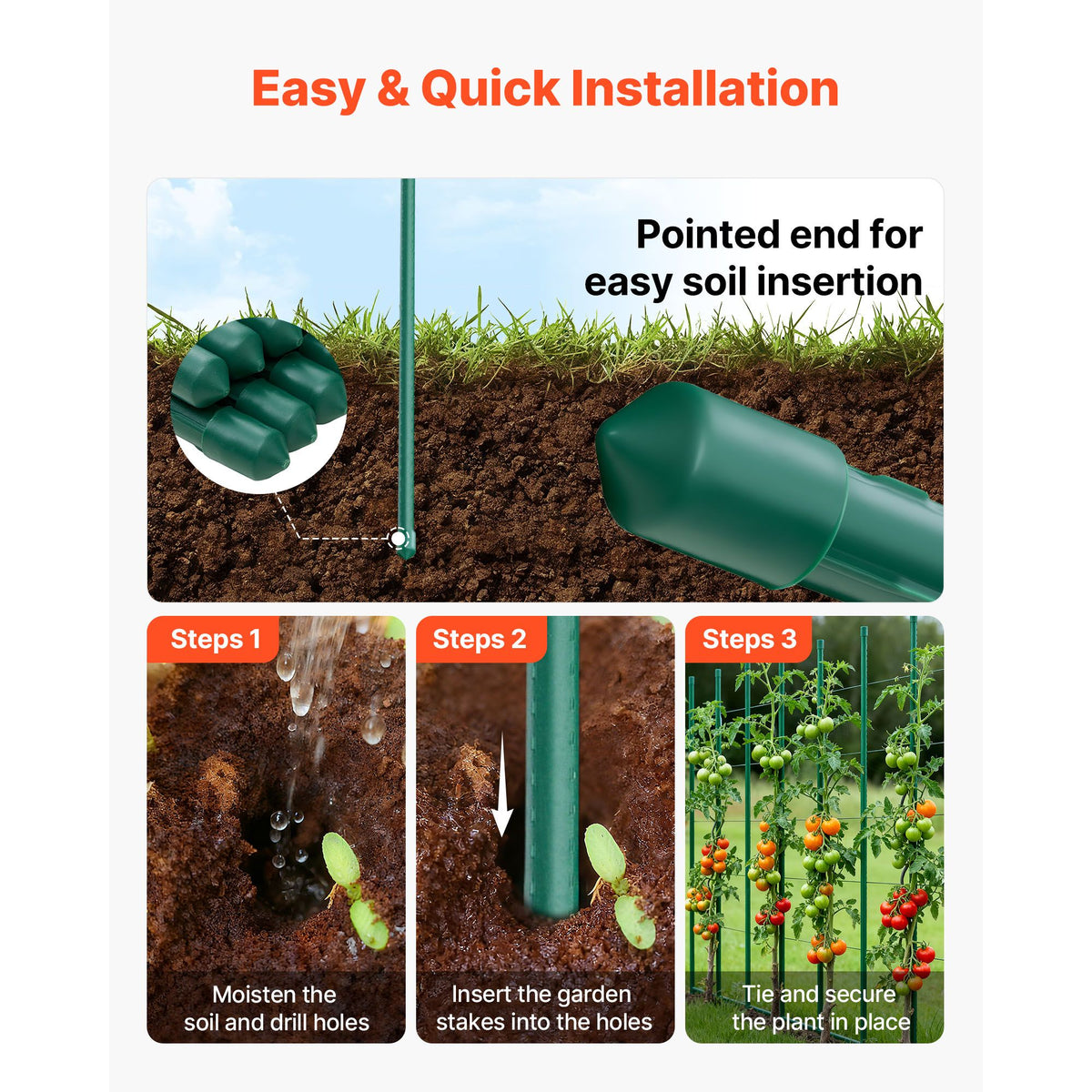 Garden Stakes, 25 Pack, 1800 mm, Plastic Coated Metal Tomato Stakes, Garden Sticks for Plants Support, with Pointed End and Non-Slip Bumps for Growing Climbing Plants, Outdoor Vegetables