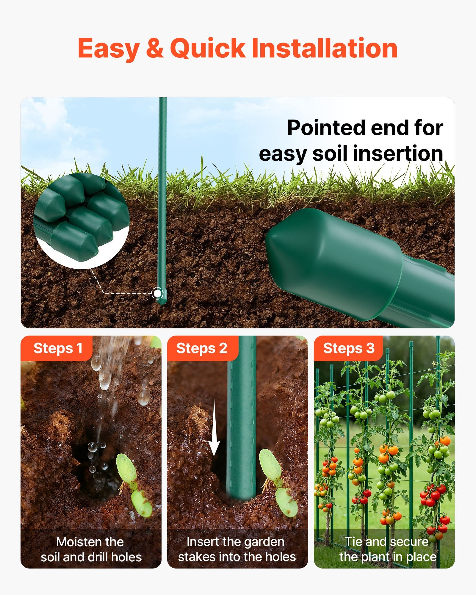 Garden Stakes, 50 Pack, 1800 mm, Plastic Coated Metal Tomato Stakes, Garden Sticks for Plants Support, with Pointed End and Non-Slip Bumps for Growing Climbing Plants, Outdoor Vegetables