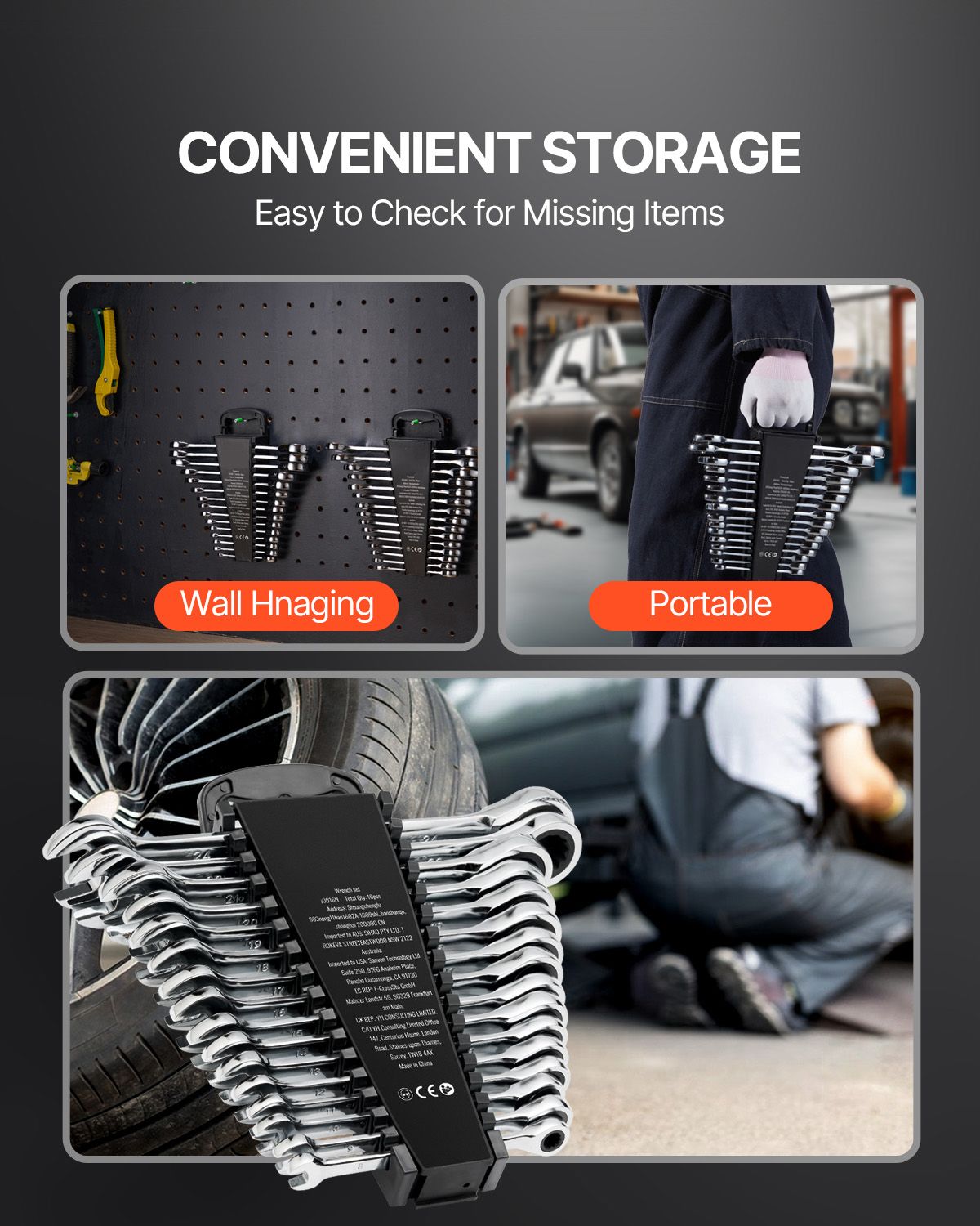 Combination Wrench Set, 16-Piece Ratcheting Wrench Set with Organizer Rack, Cr-V Steel Wrench Set Metric 8 mm to 24 mm, Ideal for General Household, Garage, Workshop, Auto Repairs, Emergency