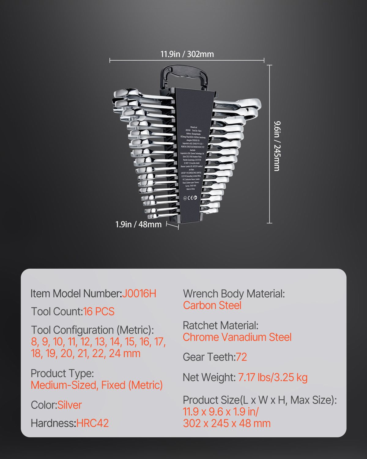Combination Wrench Set, 16-Piece Ratcheting Wrench Set with Organizer Rack, Cr-V Steel Wrench Set Metric 8 mm to 24 mm, Ideal for General Household, Garage, Workshop, Auto Repairs, Emergency