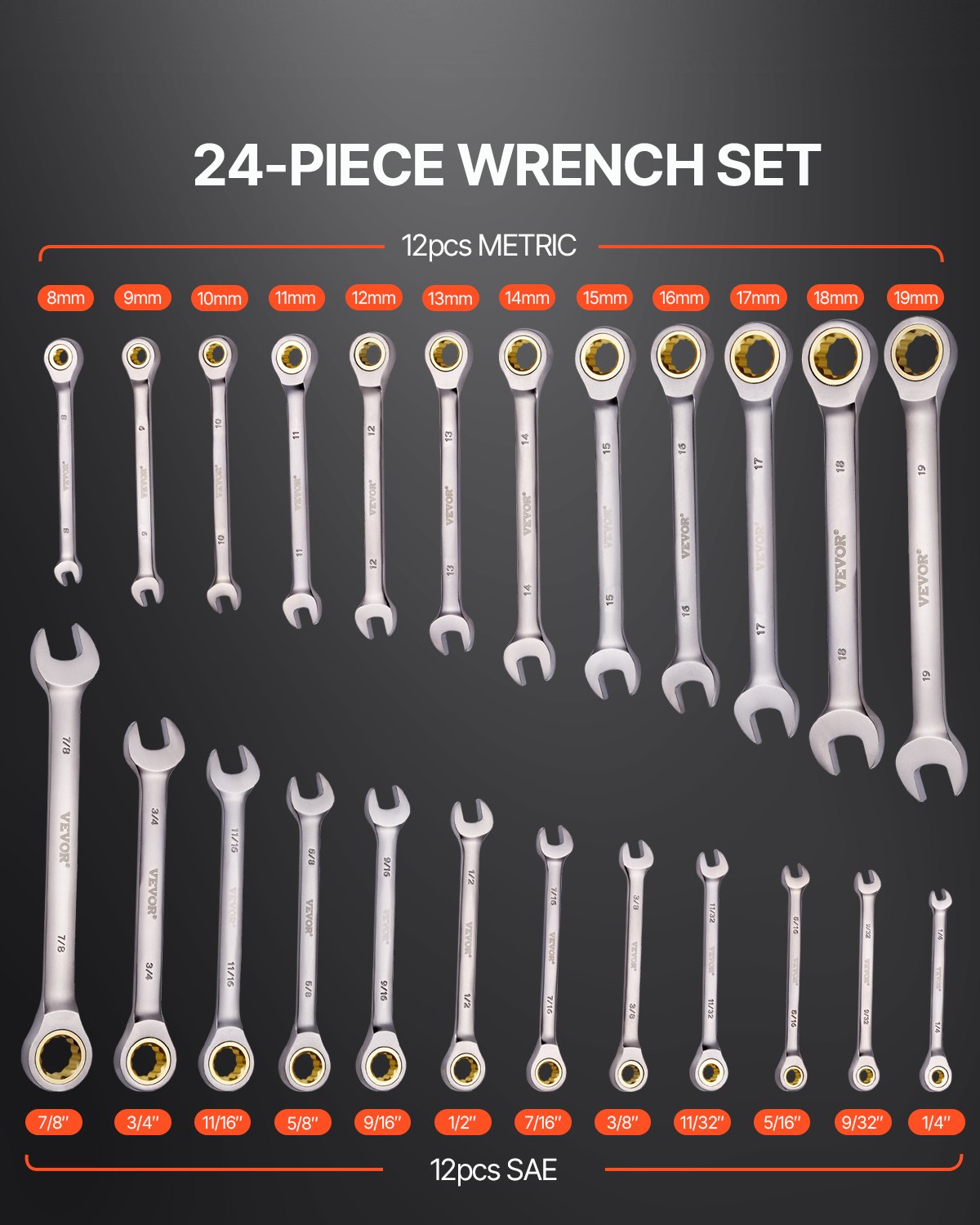 Kitchen & Bathroom DIY: VEVOR Combination Wrench Set 24 PCS SAE 1/4" - 7/8" Metric 8-19mm Organizer Rack