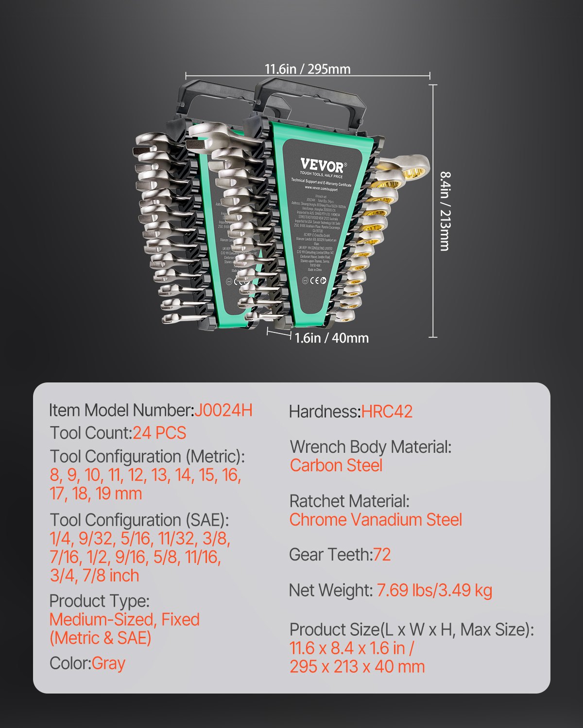 Kitchen & Bathroom DIY: VEVOR Combination Wrench Set 24 PCS SAE 1/4" - 7/8" Metric 8-19mm Organizer Rack