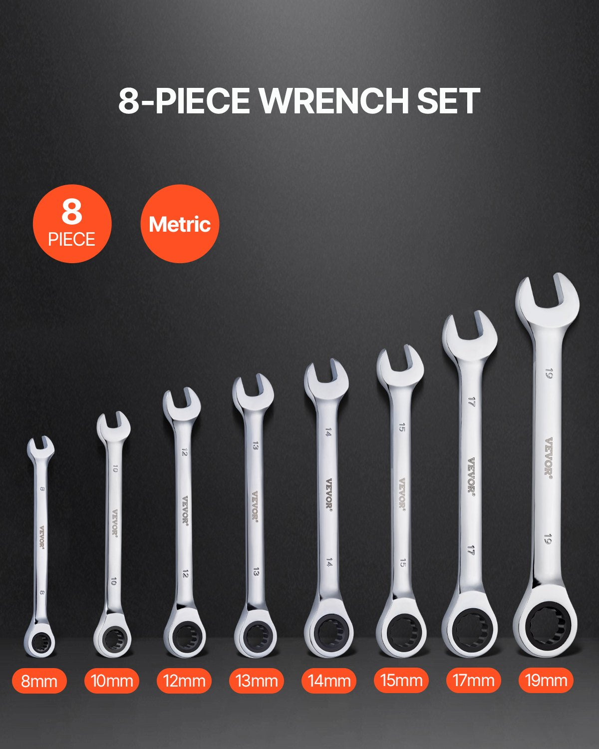 Basketball & Basketball Accessories: VEVOR Combination Wrench Set 8-Piece Metric 8 mm to 19 mm with Organizer Rack