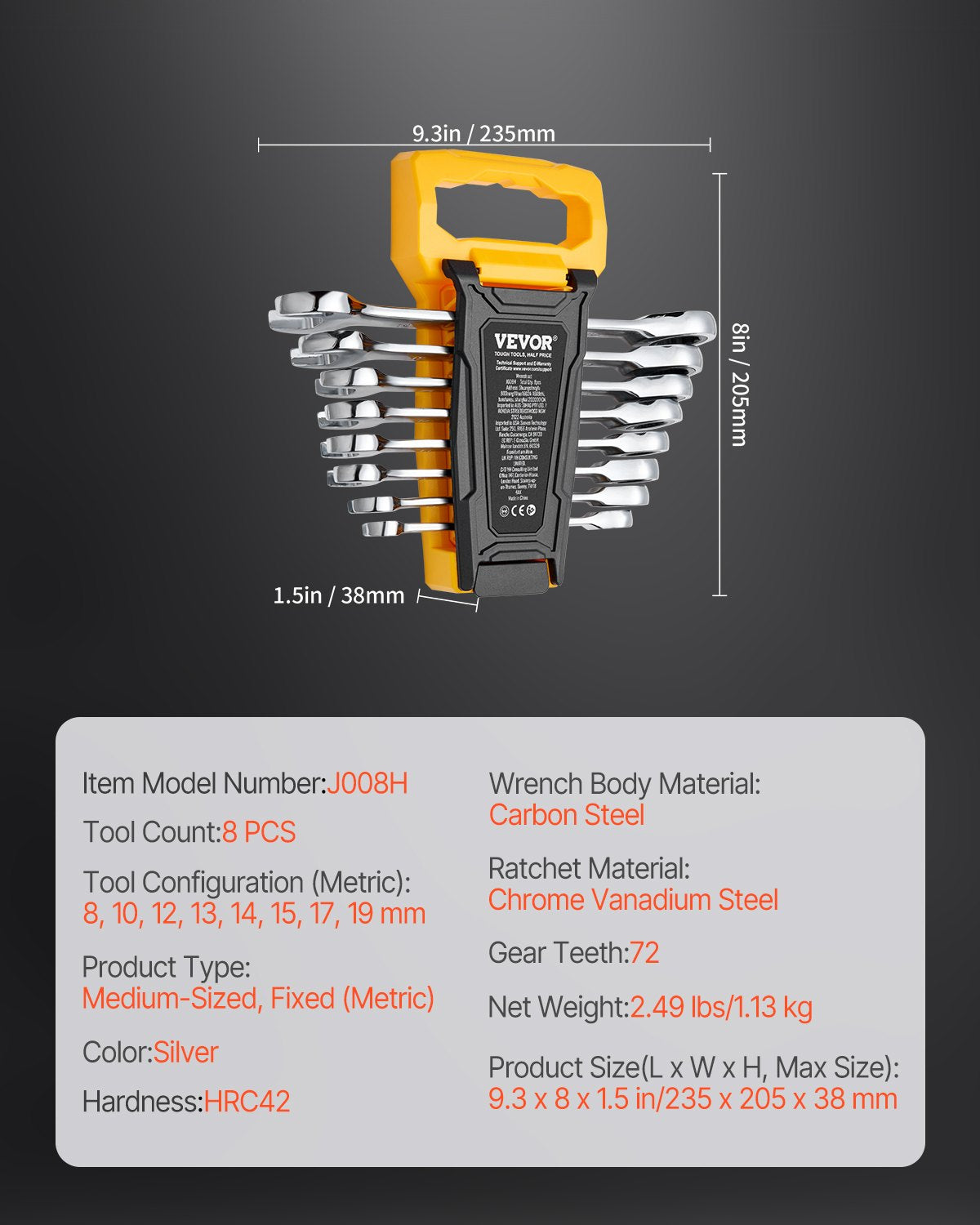 Basketball & Basketball Accessories: VEVOR Combination Wrench Set 8-Piece Metric 8 mm to 19 mm with Organizer Rack