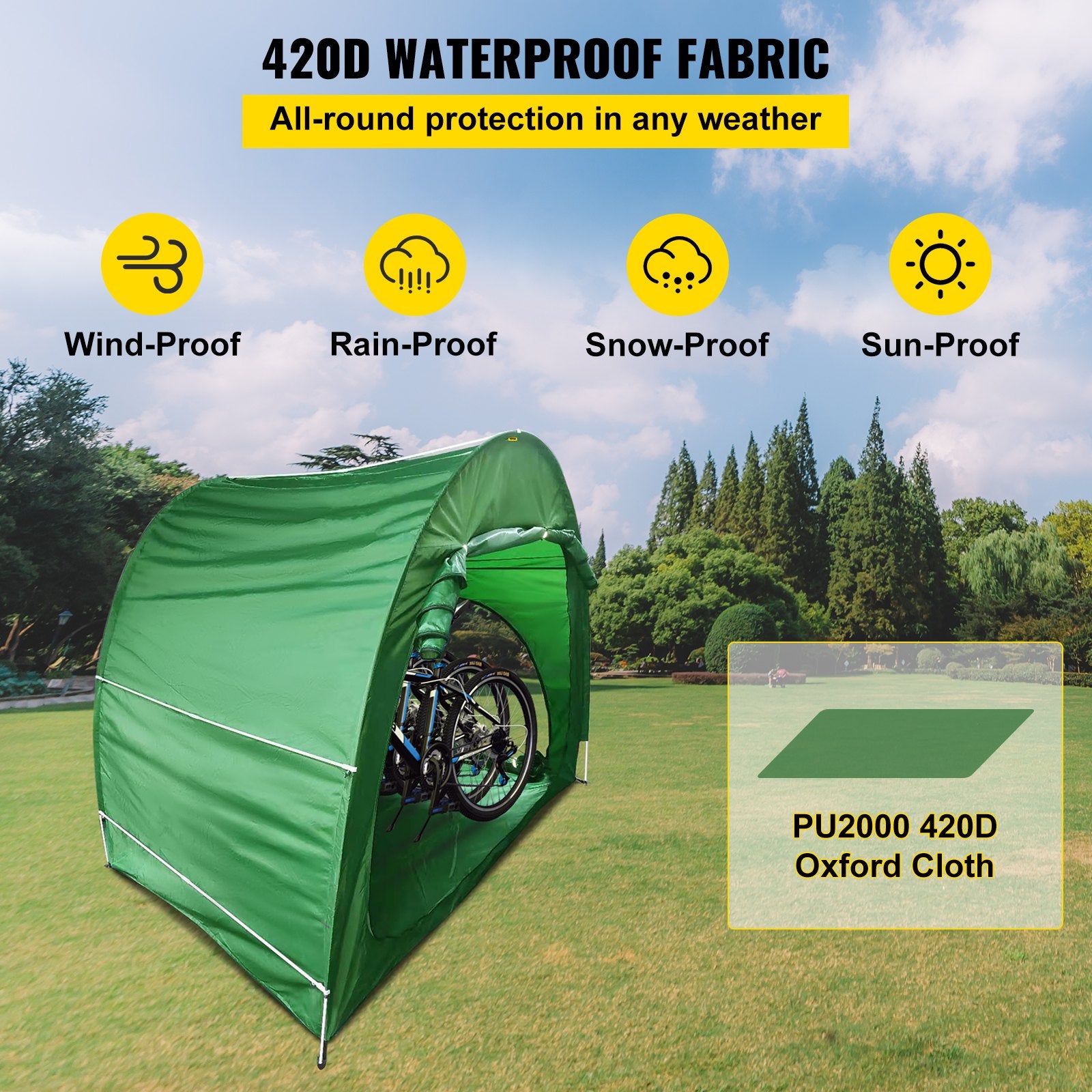 Tents: VEVOR Bike Cover Storage Tent, 420D Oxford Fabric Portable for 4 Bikes, Outdoor Waterproof Anti-Dust Bicycle Storage Shed, Heavy Duty for Bikes, Lawn Mower, and Garden Tools, with Carry Bag, Green