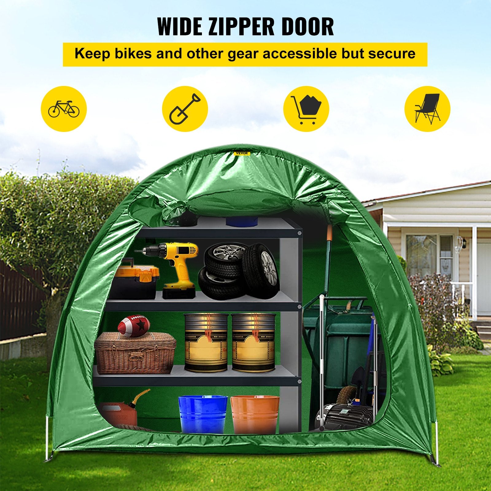 Tents: VEVOR Bike Cover Storage Tent, 420D Oxford Fabric Portable for 4 Bikes, Outdoor Waterproof Anti-Dust Bicycle Storage Shed, Heavy Duty for Bikes, Lawn Mower, and Garden Tools, with Carry Bag, Green