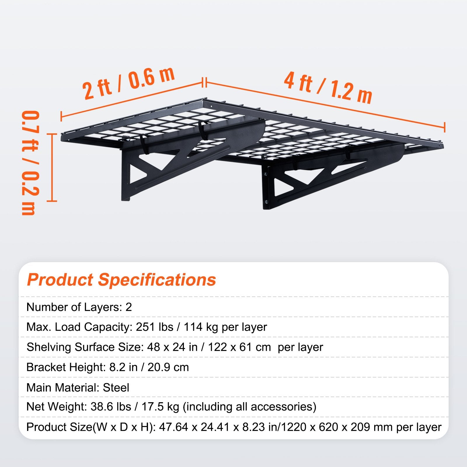 Wall Storage Racks: VEVOR Garage Storage Shelving, 2 Pack, 122 x 61 cm Heavy Duty Garage Shelves Wall Mounted, 502 lbs Load Capacity(Total) Garage Storage Rack Floating Shelves, Suitable for Shop, Shed, Garage Storage