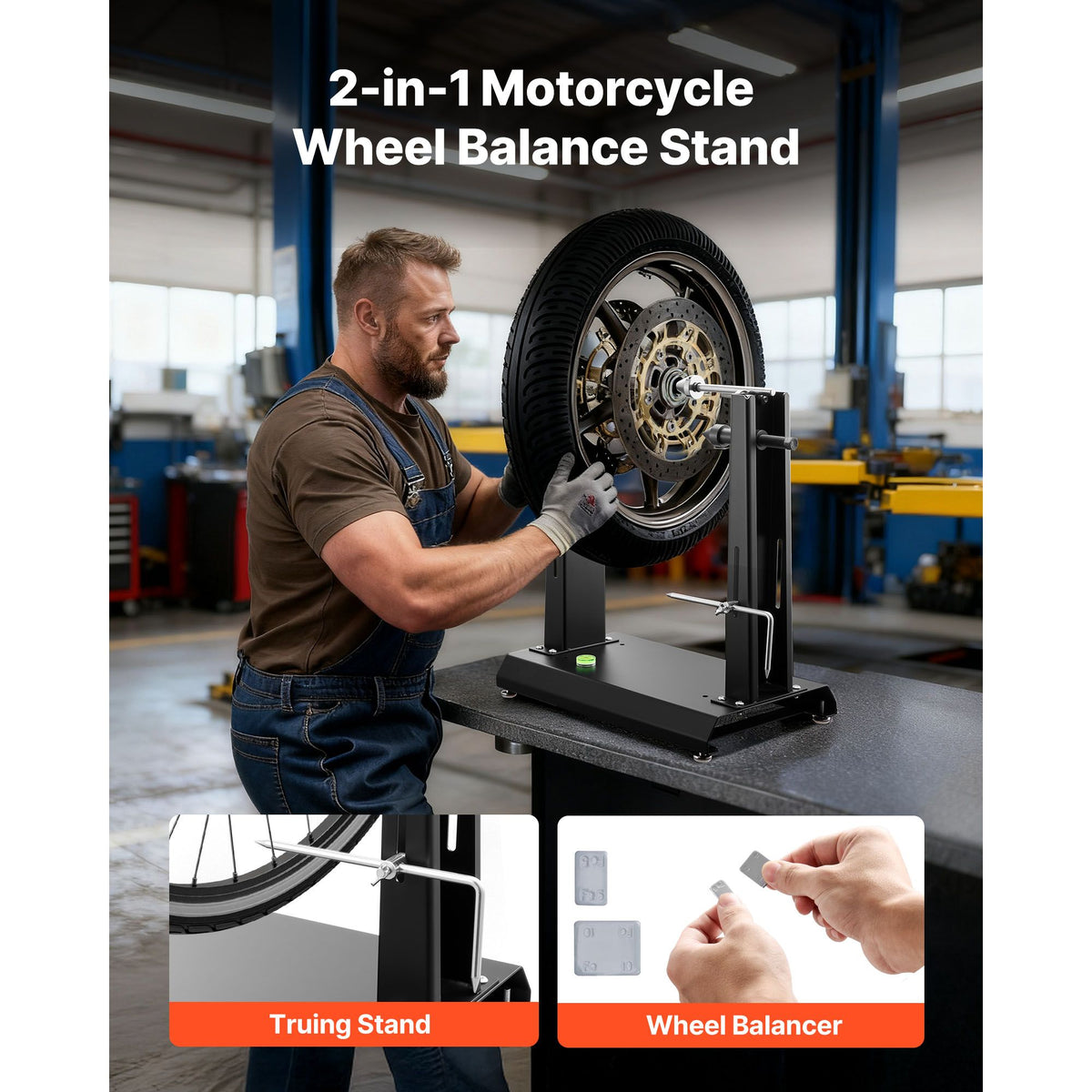 Motorcycle Wheel Balancer, 40 kg Capacity, Tire Balancer & Truing Stand with Adjustable Centering Cones and Truing Pointer, Balancing Tools for Most Motorcycles & Bicycles, 889 mm Wheel Dia