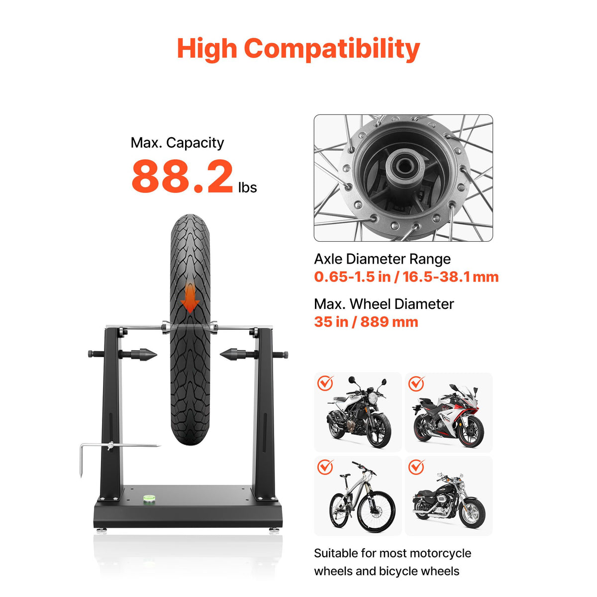 Motorcycle Wheel Balancer, 40 kg Capacity, Tire Balancer & Truing Stand with Adjustable Centering Cones and Truing Pointer, Balancing Tools for Most Motorcycles & Bicycles, 889 mm Wheel Dia
