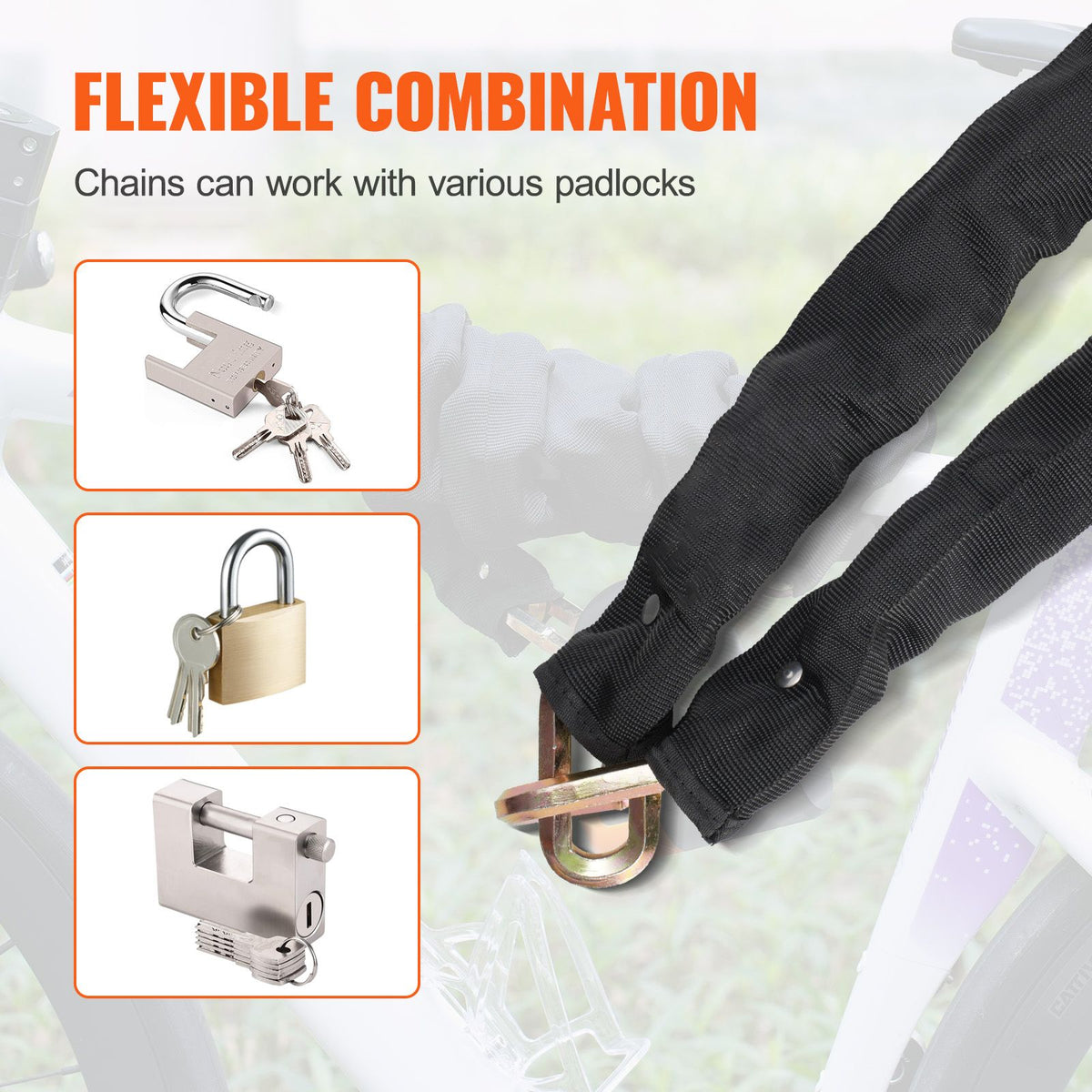 Bike Chain Lock, 5.91 Ft Security Bicycle Chain Lock, Heavy Duty Metal Steel Anti-Theft High Security Bike Locks, Perfect for Bike, Motorcycle, Scooter, Bicycle, Door, Fence, Gate, 9.5mm, Black