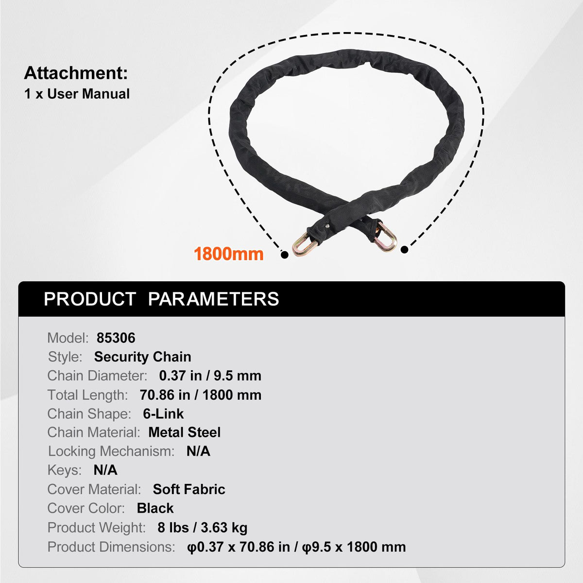 Bike Chain Lock, 5.91 Ft Security Bicycle Chain Lock, Heavy Duty Metal Steel Anti-Theft High Security Bike Locks, Perfect for Bike, Motorcycle, Scooter, Bicycle, Door, Fence, Gate, 9.5mm, Black