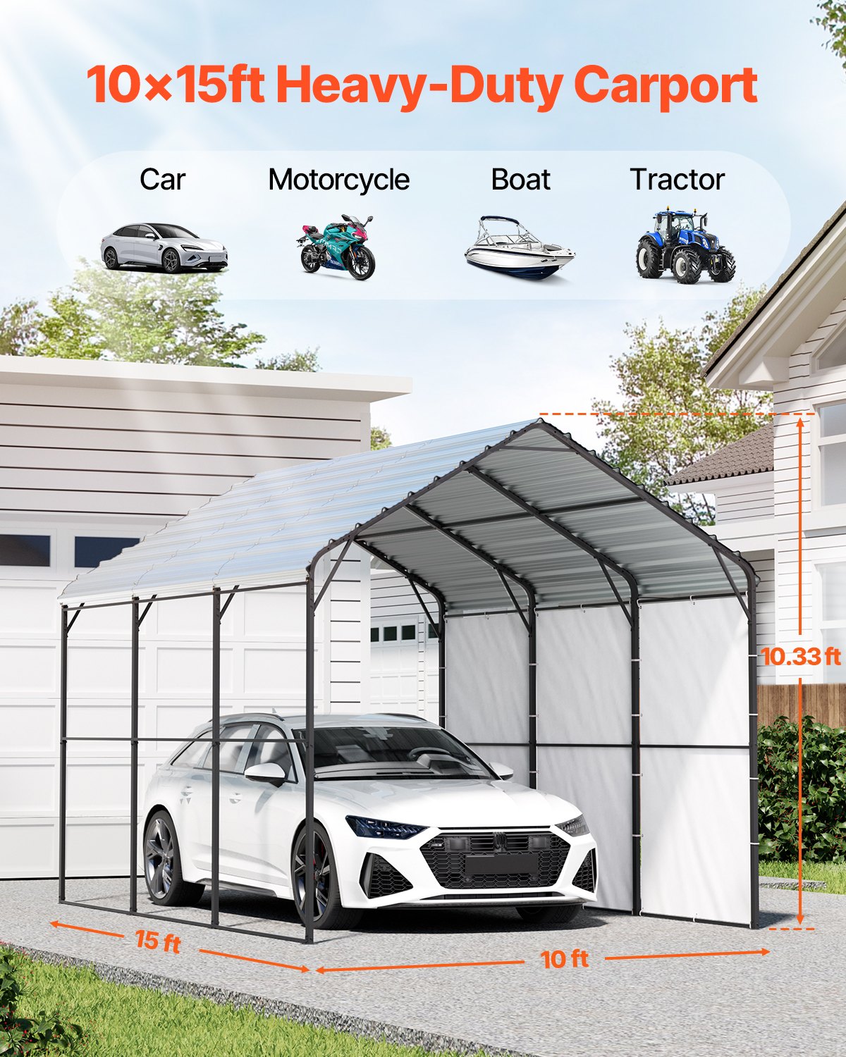 Outdoor Play Equipment: VEVOR Heavy Duty Metal Carport, 10' x 15' Outdoor Carport with Galvanized Steel Frame & Roof, Car Tent Garage Shade with Removable Sidewalls, Multi-Use Car Shelter for Pickup, Boat, Car & Tractors