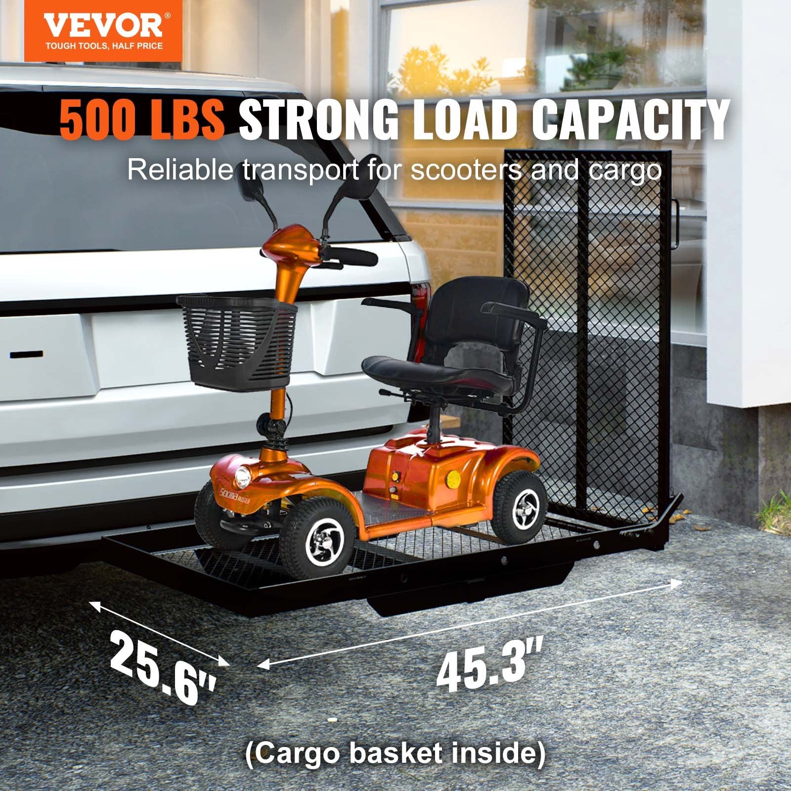 Bicycle Stands & Storage: VEVOR Hitch Mount Wheelchair Carrier 45.3" x 25.6", 500LBS Mobility Scooter Carrier with Folding Ramp, Iron Trailer Hitch Rack Basket with Stabilizer, Straps, Fit 2" Hitch Receiver for SUV Van Car
