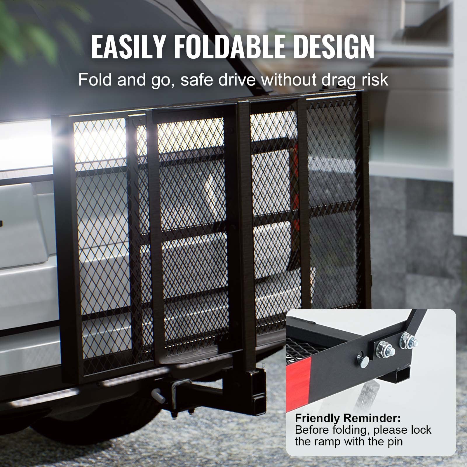 Bicycle Stands & Storage: VEVOR Hitch Mount Wheelchair Carrier 45.3" x 25.6", 500LBS Mobility Scooter Carrier with Folding Ramp, Iron Trailer Hitch Rack Basket with Stabilizer, Straps, Fit 2" Hitch Receiver for SUV Van Car