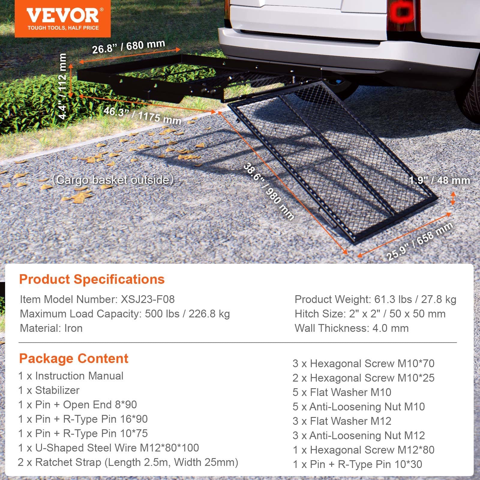 Bicycle Stands & Storage: VEVOR Hitch Mount Wheelchair Carrier 45.3" x 25.6", 500LBS Mobility Scooter Carrier with Folding Ramp, Iron Trailer Hitch Rack Basket with Stabilizer, Straps, Fit 2" Hitch Receiver for SUV Van Car