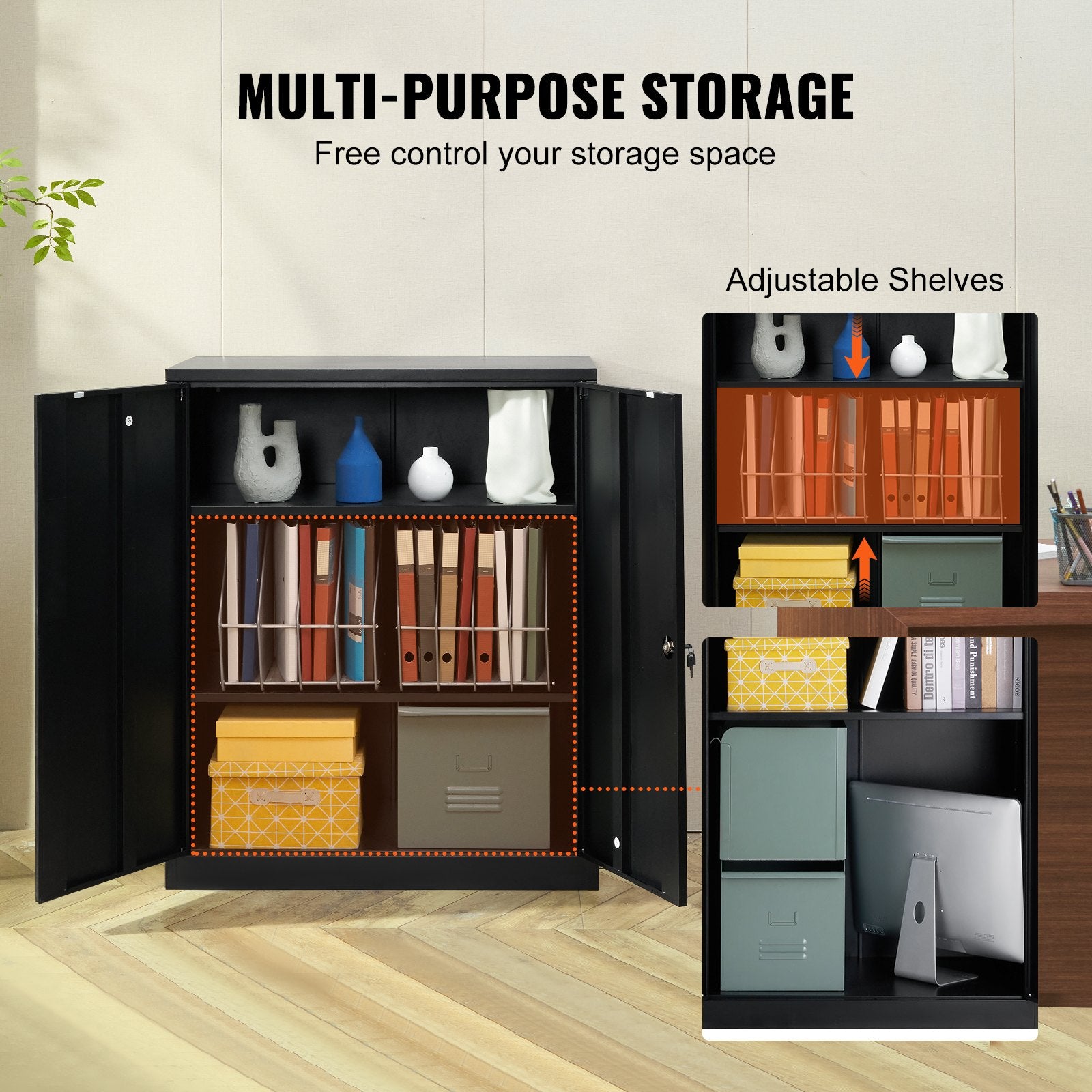 Storage Cabinets & Lockers: VEVOR Metal Storage Cabinet w/ 3 Keys 2 Adjustable Shelves & Magnetic Door Black