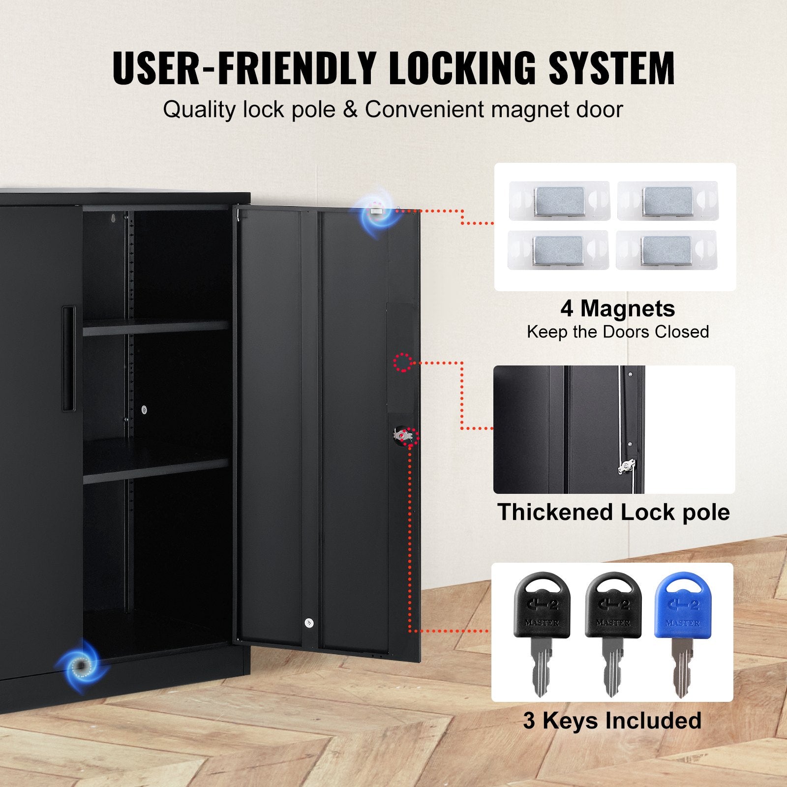 Storage Cabinets & Lockers: VEVOR Metal Storage Cabinet w/ 3 Keys 2 Adjustable Shelves & Magnetic Door Black