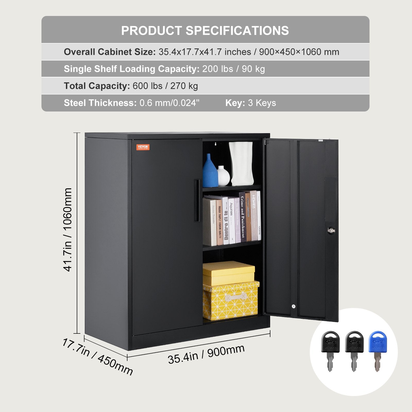 Storage Cabinets & Lockers: VEVOR Metal Storage Cabinet w/ 3 Keys 2 Adjustable Shelves & Magnetic Door Black