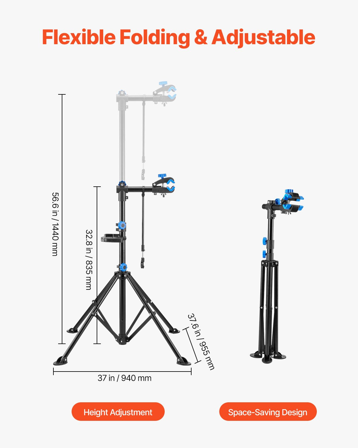 Bike Repair Stand, 29.9 kg Heavy-duty Bicycle Work Stand with 835-1440 mm Adjustable Height & Magnetic Tool Tray, Foldable Bicycle Maintenance Rack, Shop Home Mechanics for Mountain & Road Bike