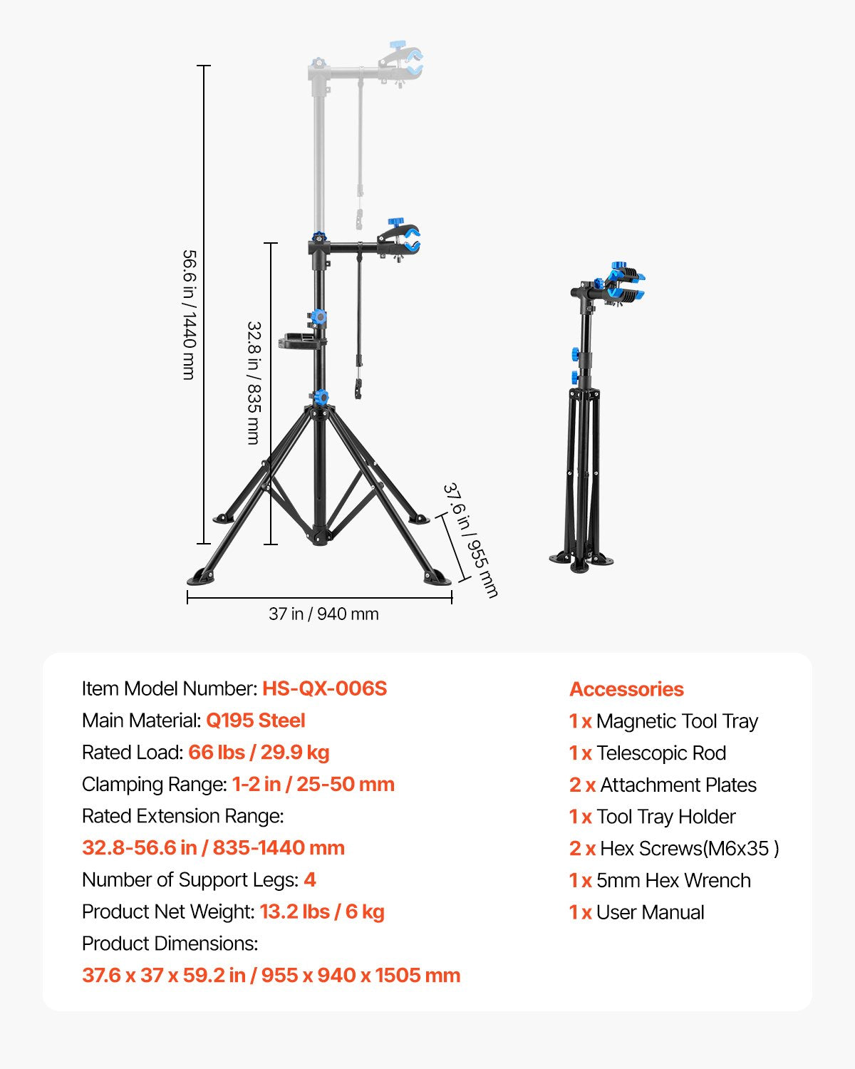Bike Repair Stand, 29.9 kg Heavy-duty Bicycle Work Stand with 835-1440 mm Adjustable Height & Magnetic Tool Tray, Foldable Bicycle Maintenance Rack, Shop Home Mechanics for Mountain & Road Bike