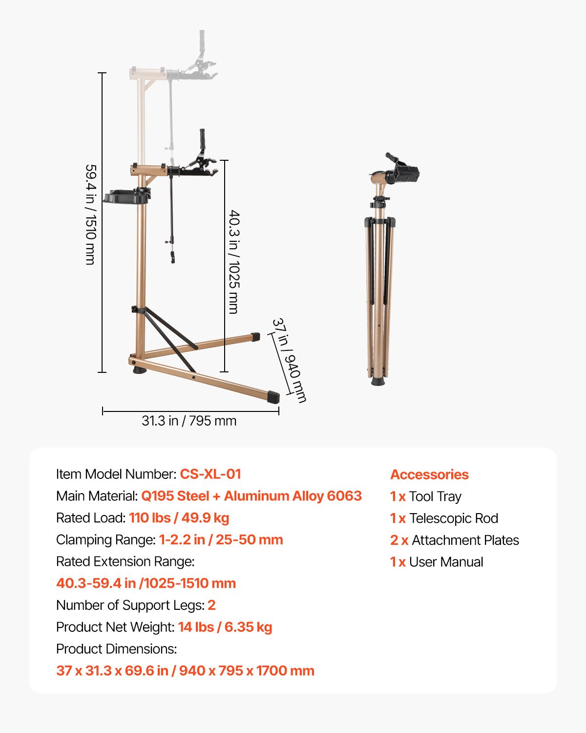 Batteries & Generators: VEVOR Bike Repair Stand, Max. 49.9 kg Heavy-duty Bicycle Work Stand with 1025-1510 mm Adjustable Height & Large Tool Tray, Foldable Ebike Maintenance Rack, Shop Home Mechanics for Mountain Road Bike