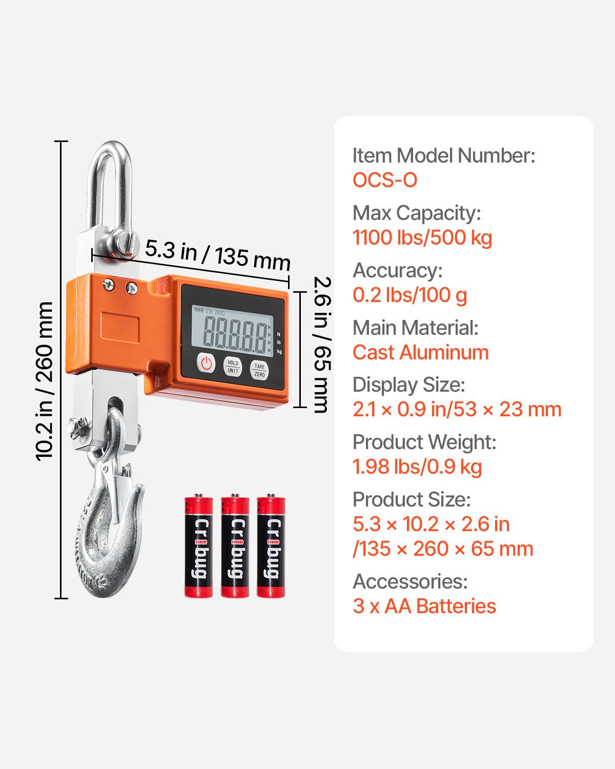 Digital Crane Scale, 1100 lbs/500 kg Max Capacity, Heavy Duty Industrial Hanging Scale with Cast Aluminum Case & LCD Display, 100 g Division & 3 Unit Switch, Auto-Off Setting for Garage