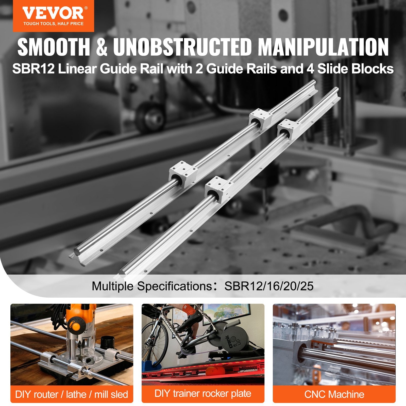 Saw Accessories: VEVOR Linear Guide Rail Set, SBR12 1000mm, 2 PCS 39.4 in/1000 mm SBR12 Guide Rails and 4 PCS SBR12UU Slide Blocks, Linear Rails and Bearings Kit for Automated Machines DIY Project CNC Router Machines