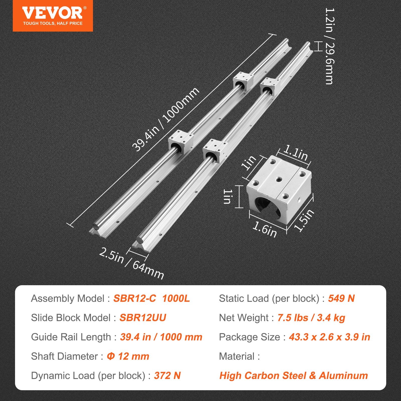 Saw Accessories: VEVOR Linear Guide Rail Set, SBR12 1000mm, 2 PCS 39.4 in/1000 mm SBR12 Guide Rails and 4 PCS SBR12UU Slide Blocks, Linear Rails and Bearings Kit for Automated Machines DIY Project CNC Router Machines