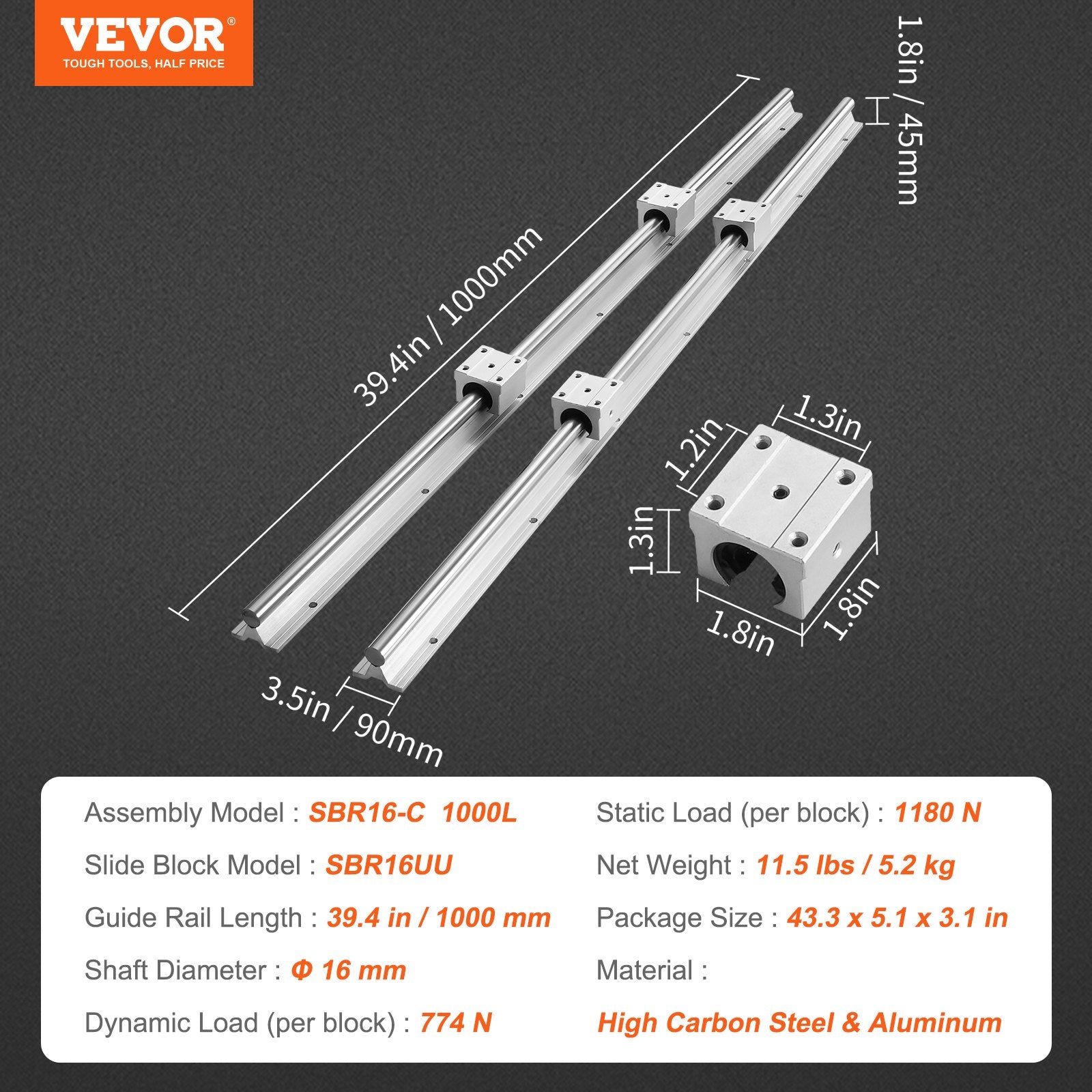 Saw Accessories: VEVOR Linear Guide Rail Set, SBR16 1000mm, 2 PCS 39.4 in/1000 mm SBR16 Guide Rails and 4 PCS SBR16UU Slide Blocks, Linear Rails and Bearings Kit for Automated Machines DIY Project CNC Router Machines