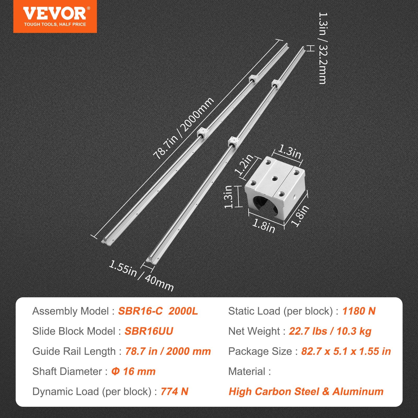 Saw Accessories: VEVOR Linear Guide Rail Set, SBR16 2000mm, 2 PCS 78.7 in/2000 mm SBR16 Guide Rails and 4 PCS SBR16UU Slide Blocks, Linear Rails and Bearings Kit for Automated Machines DIY Project CNC Router Machines