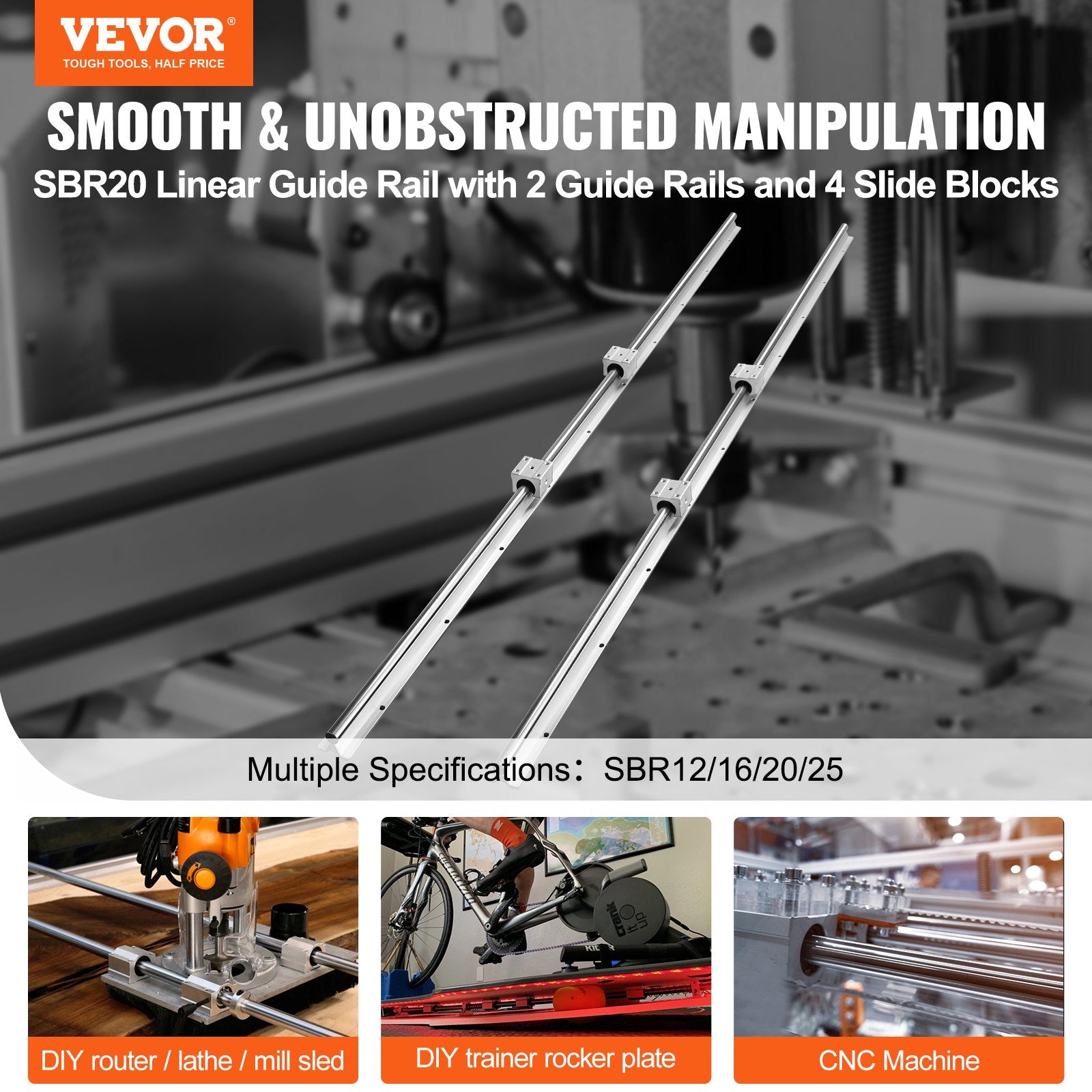 Saw Accessories: VEVOR Linear Guide Rail Set, SBR20 1500mm, 2 PCS 59 in/1500 mm SBR20 Guide Rails and 4 PCS SBR20UU Slide Blocks, Linear Rails and Bearings Kit for Automated Machines DIY Project CNC Router Machines