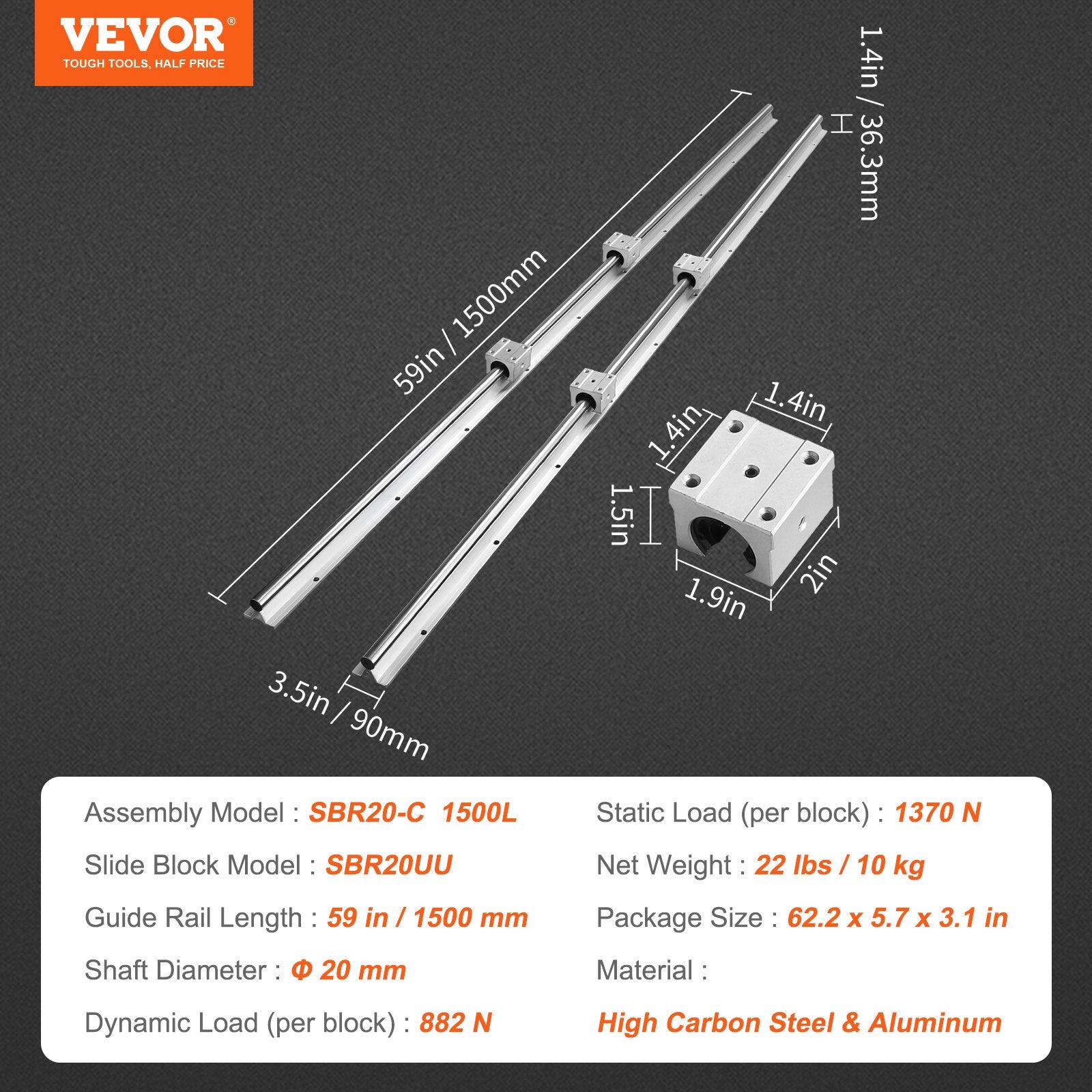 Saw Accessories: VEVOR Linear Guide Rail Set, SBR20 1500mm, 2 PCS 59 in/1500 mm SBR20 Guide Rails and 4 PCS SBR20UU Slide Blocks, Linear Rails and Bearings Kit for Automated Machines DIY Project CNC Router Machines