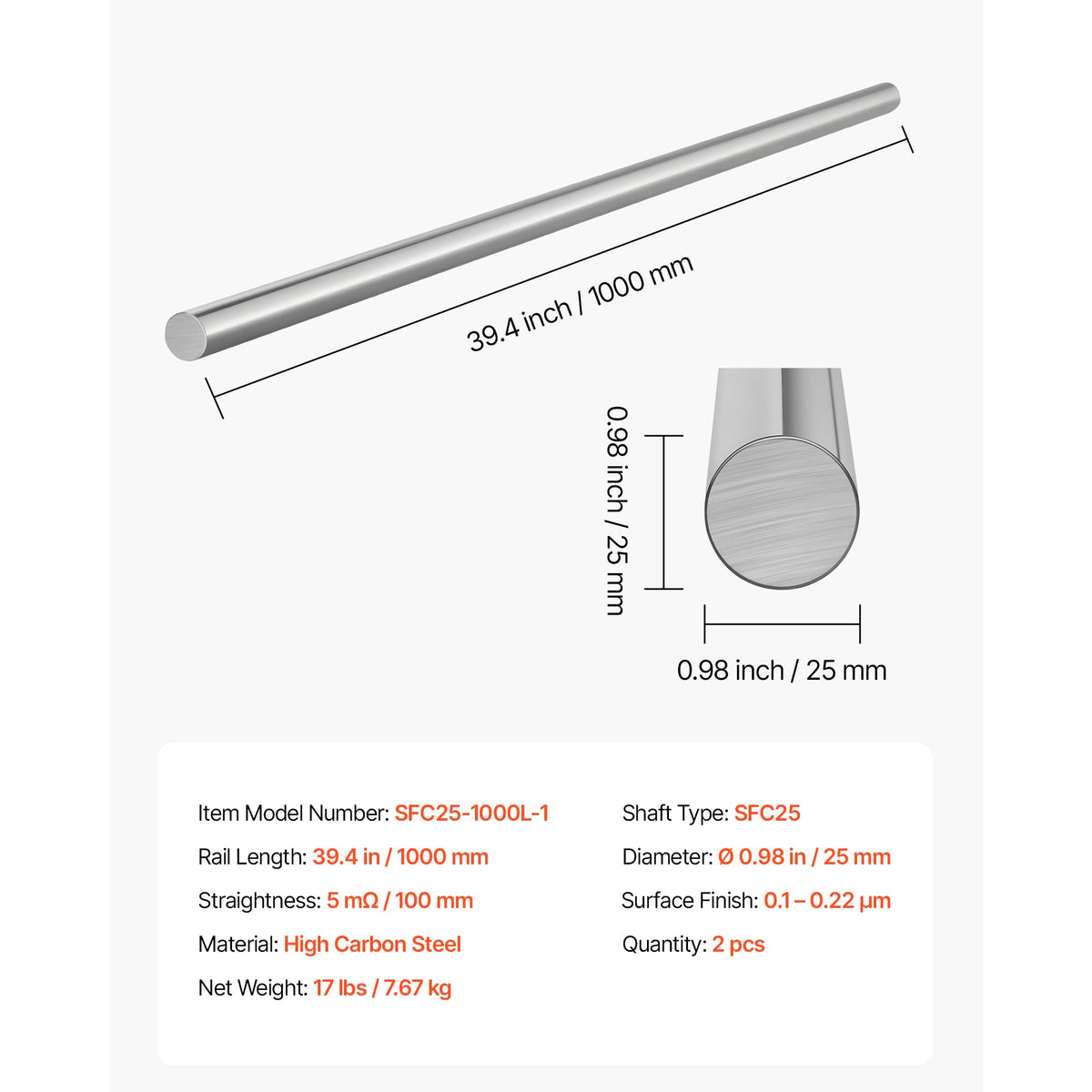 2PCS Linear Motion Rod, 25 mm x 1000 mm (0.98 x 39.4 in), SFC25 Carbon Steel Linear Rod Shaft, Anti Rust and High Precision, High Hardness Shaft, for Cutting Grinding Milling Drilling Machine